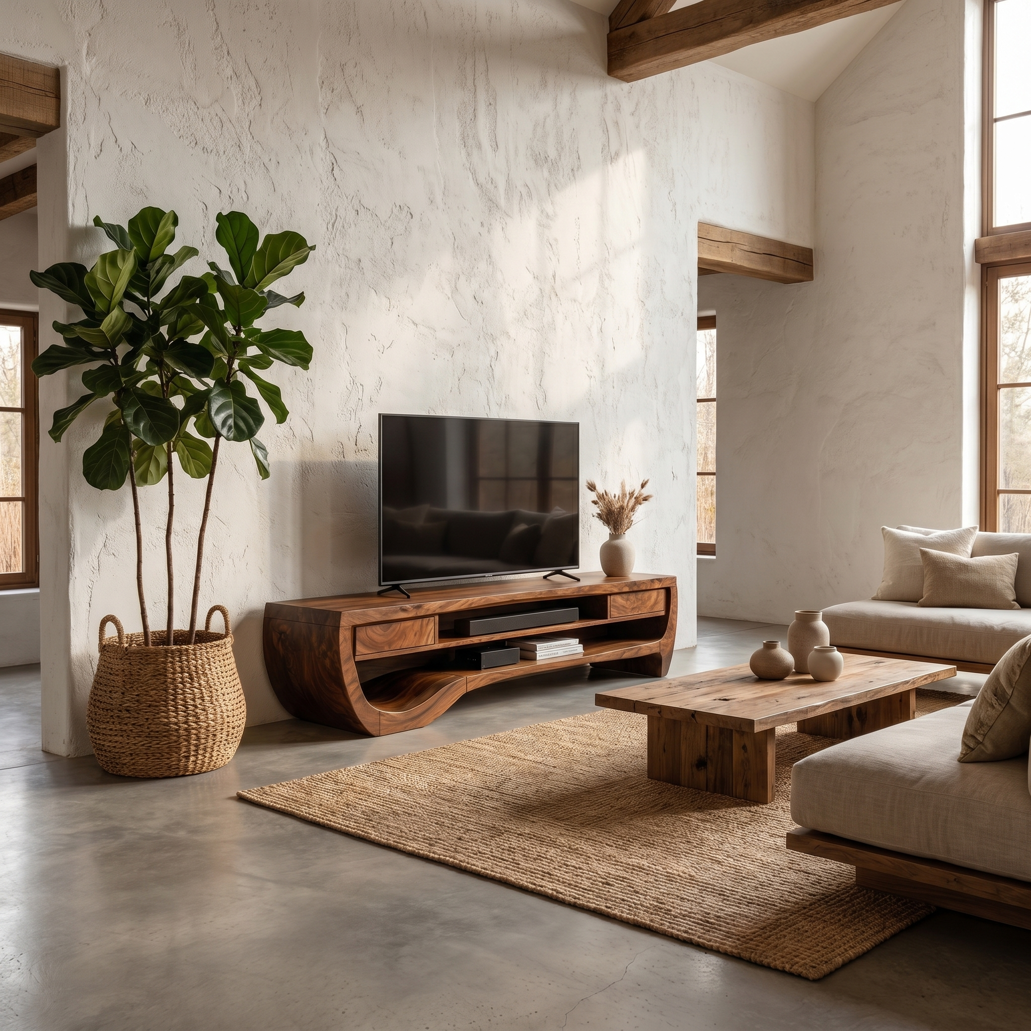 Organic TV Cabinet With Open Storage And Sculptural Curved Wood Design For Living Room SINLHATC045