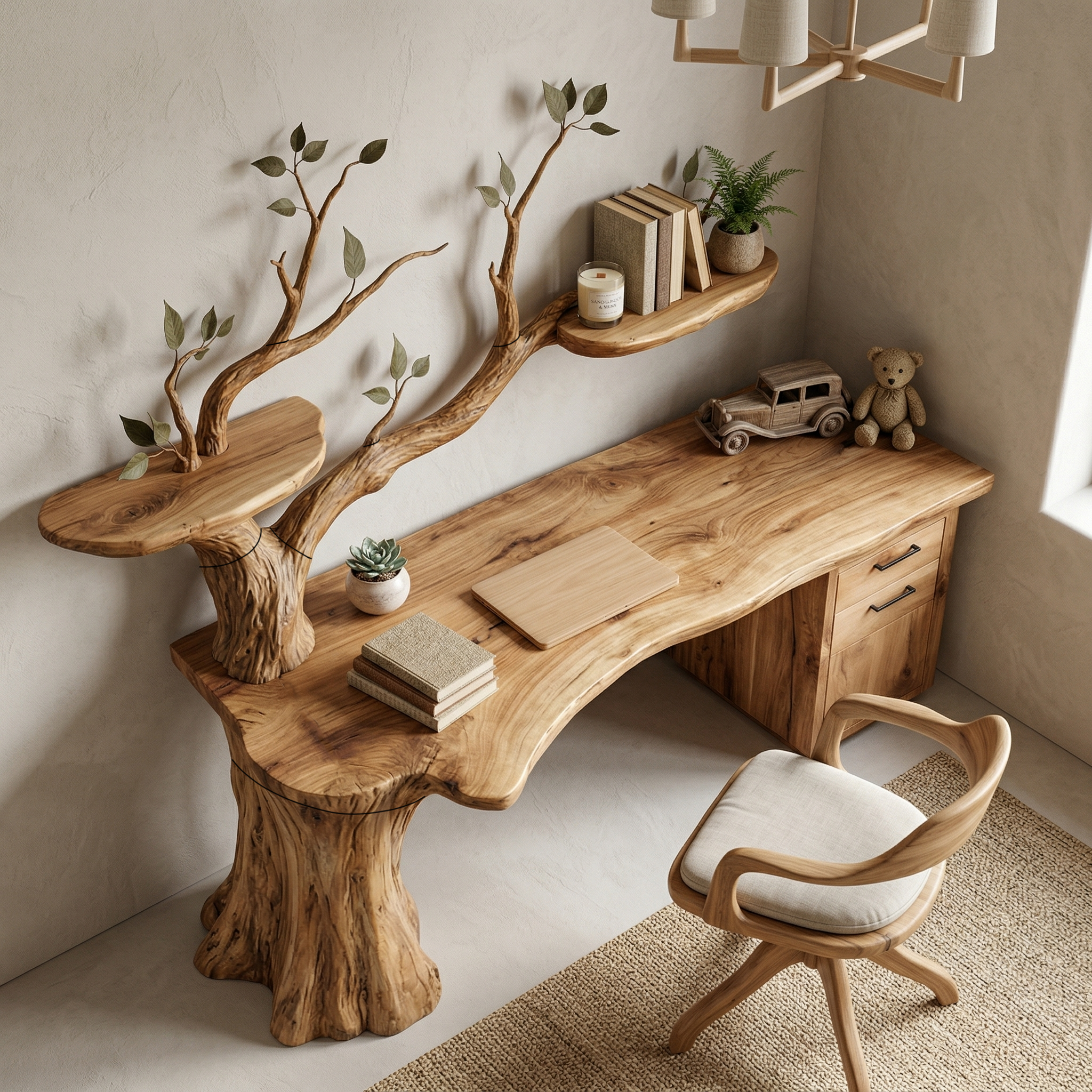 Sculptural Tree Desk With Floating Shelf Natural Branch Design Home Office And Workspace SINLHADK103