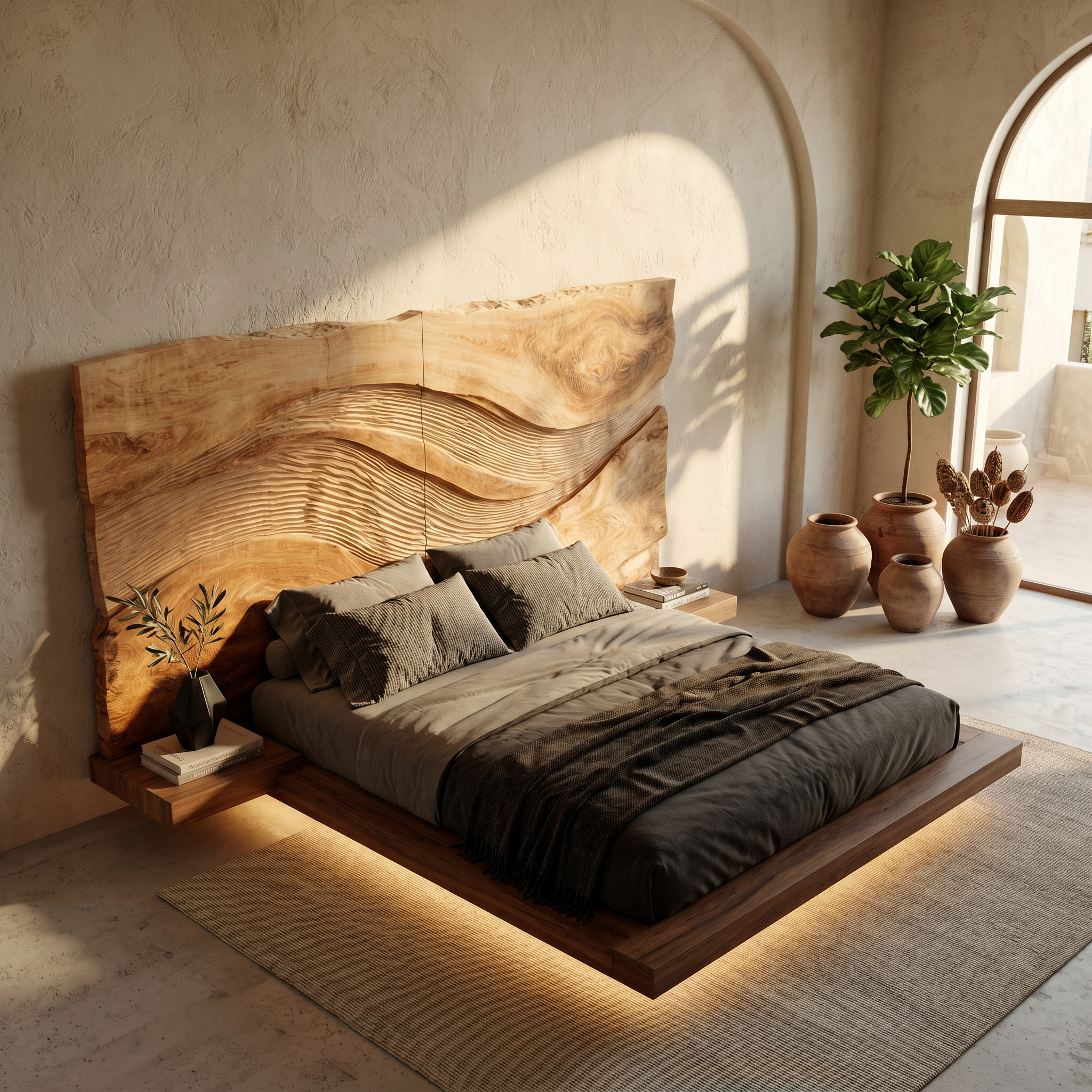 Contemporary Wave Carved Wood Headboard For Warm Minimalist Bedroom SILDTTRHB017