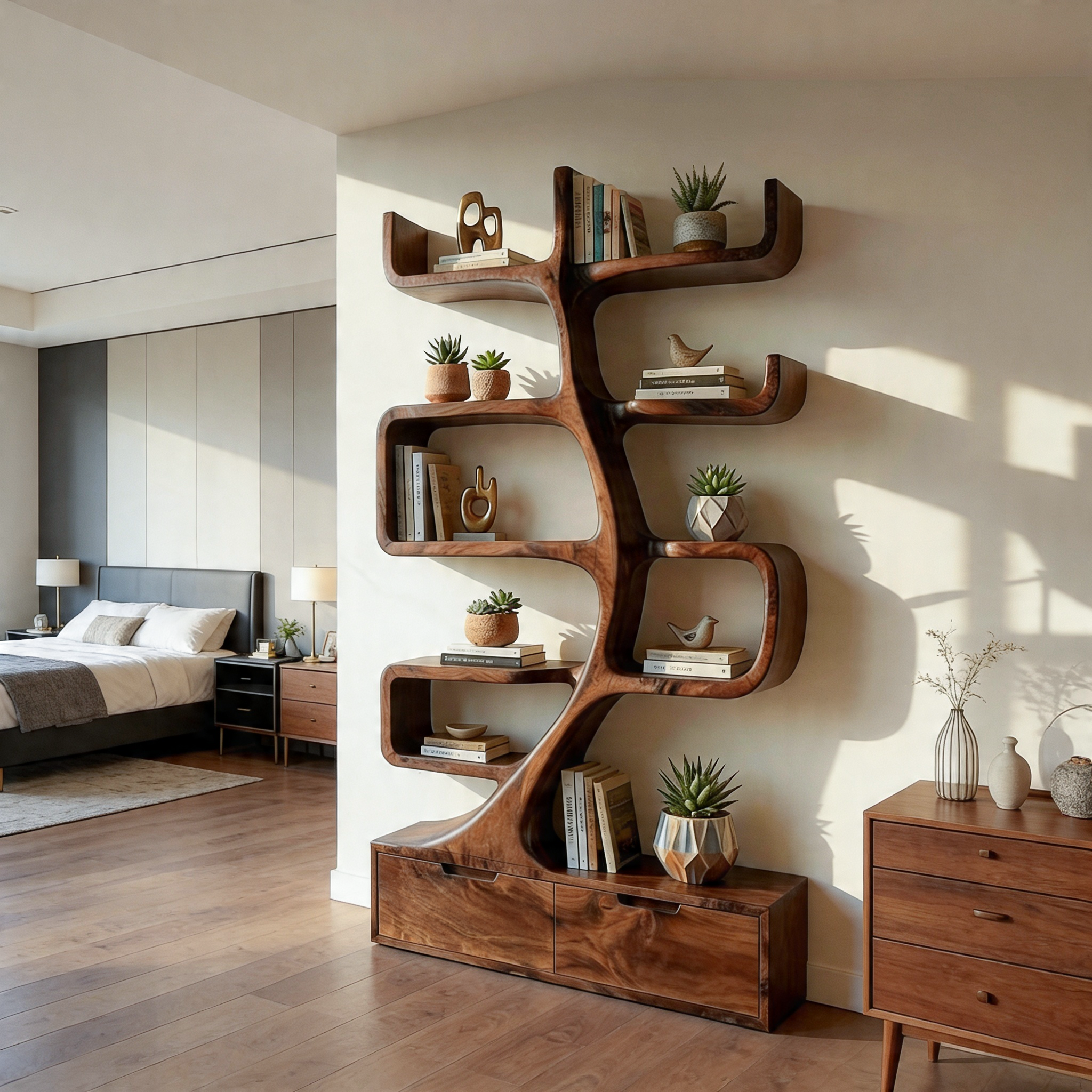 Wooden Bookcase With Tiers And Built-in Drawers For Home RTTHTTBS128