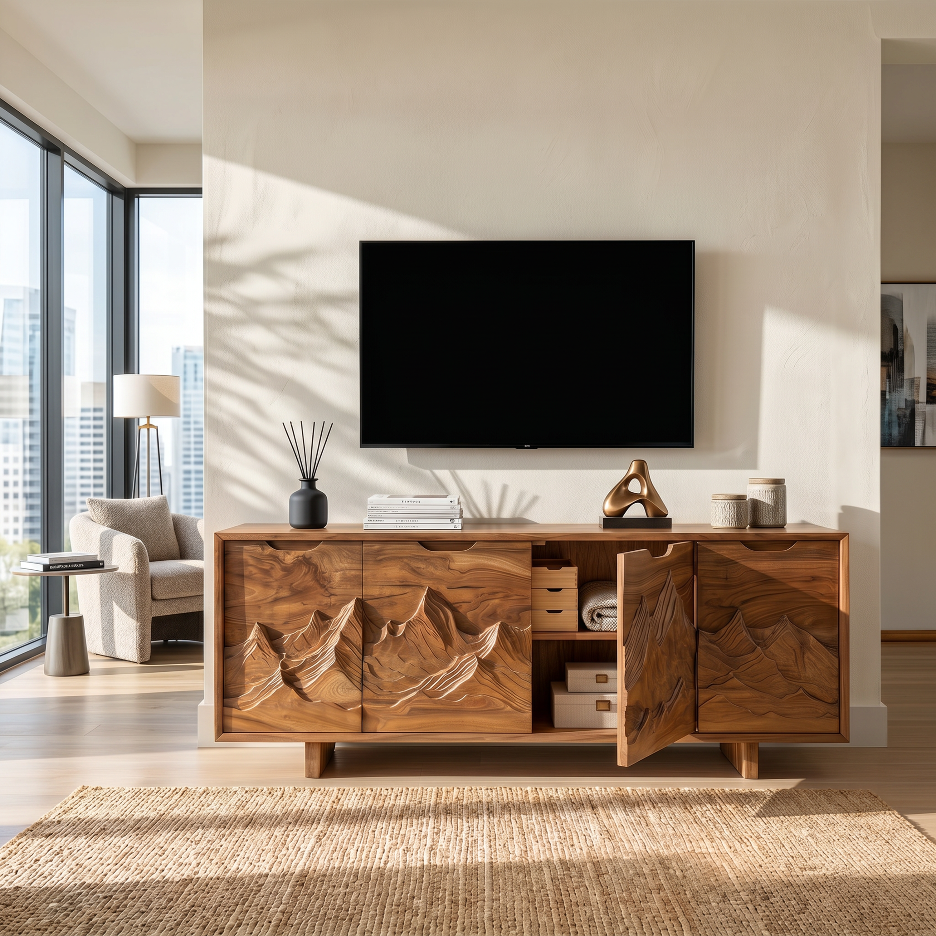 Mountain Carved Media Console For Rustic Living Room SILDTTRTVC073