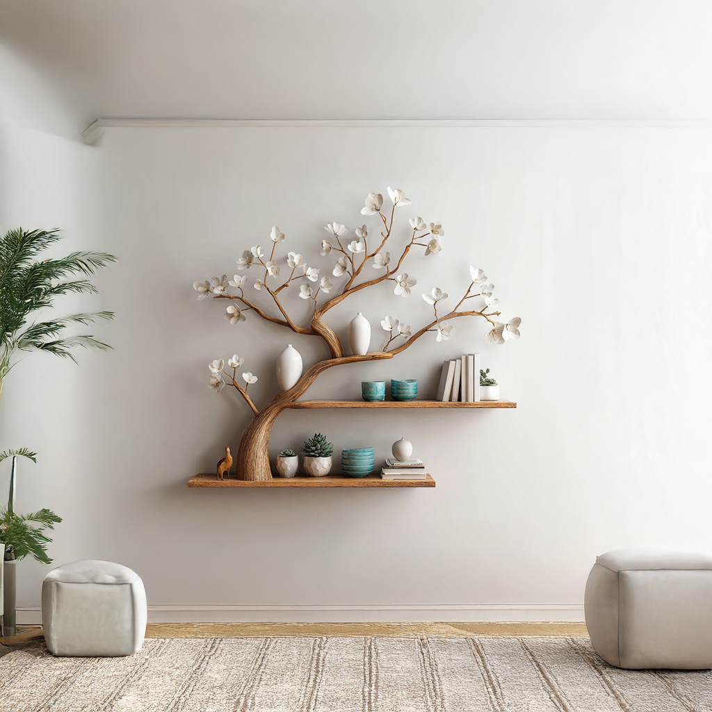 Rustic Floral Tree Shelf Living Wall SINLSATBS026