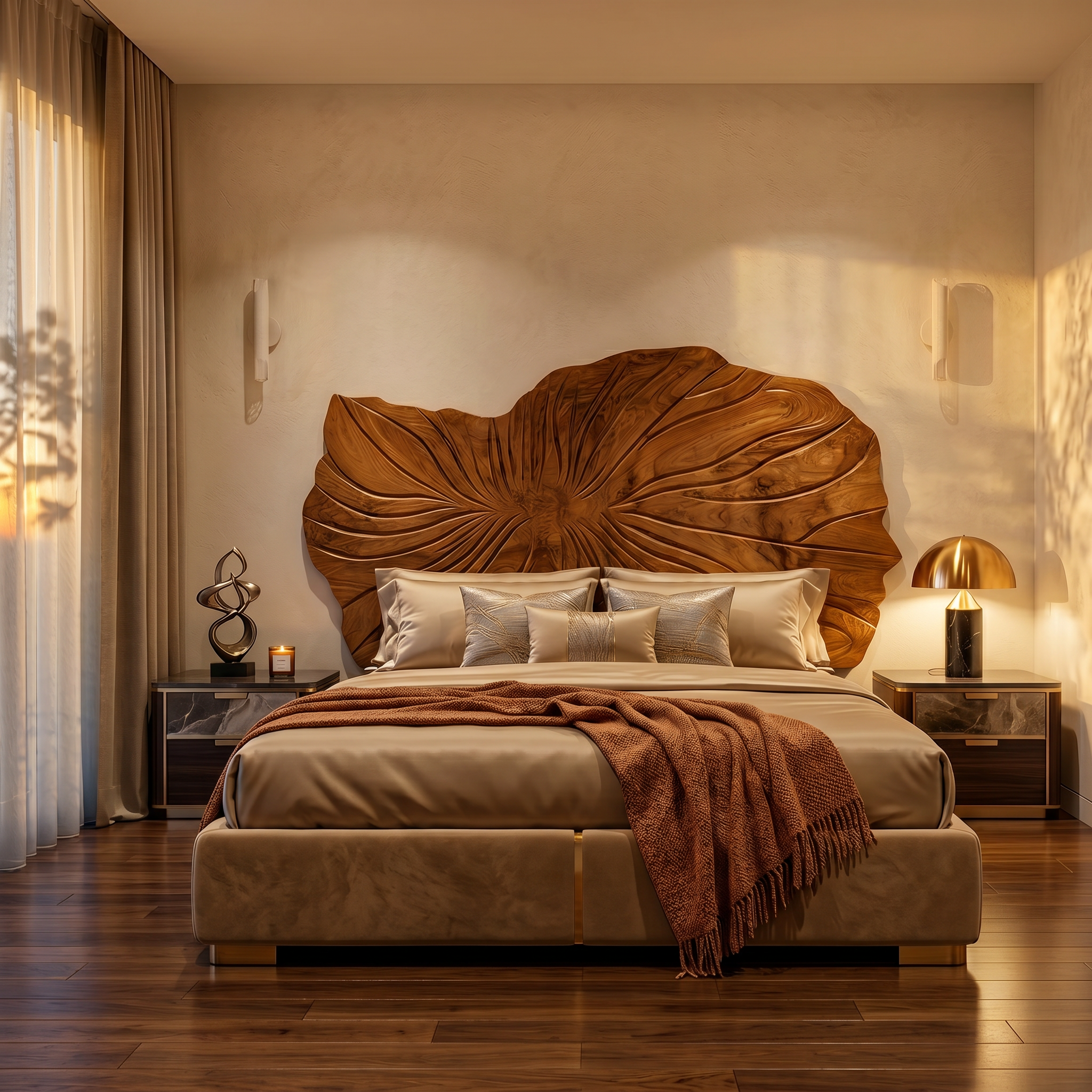 Sculptural Leaf Wood Headboard For Contemporary Neutral Bedroom SILDTTRHB009