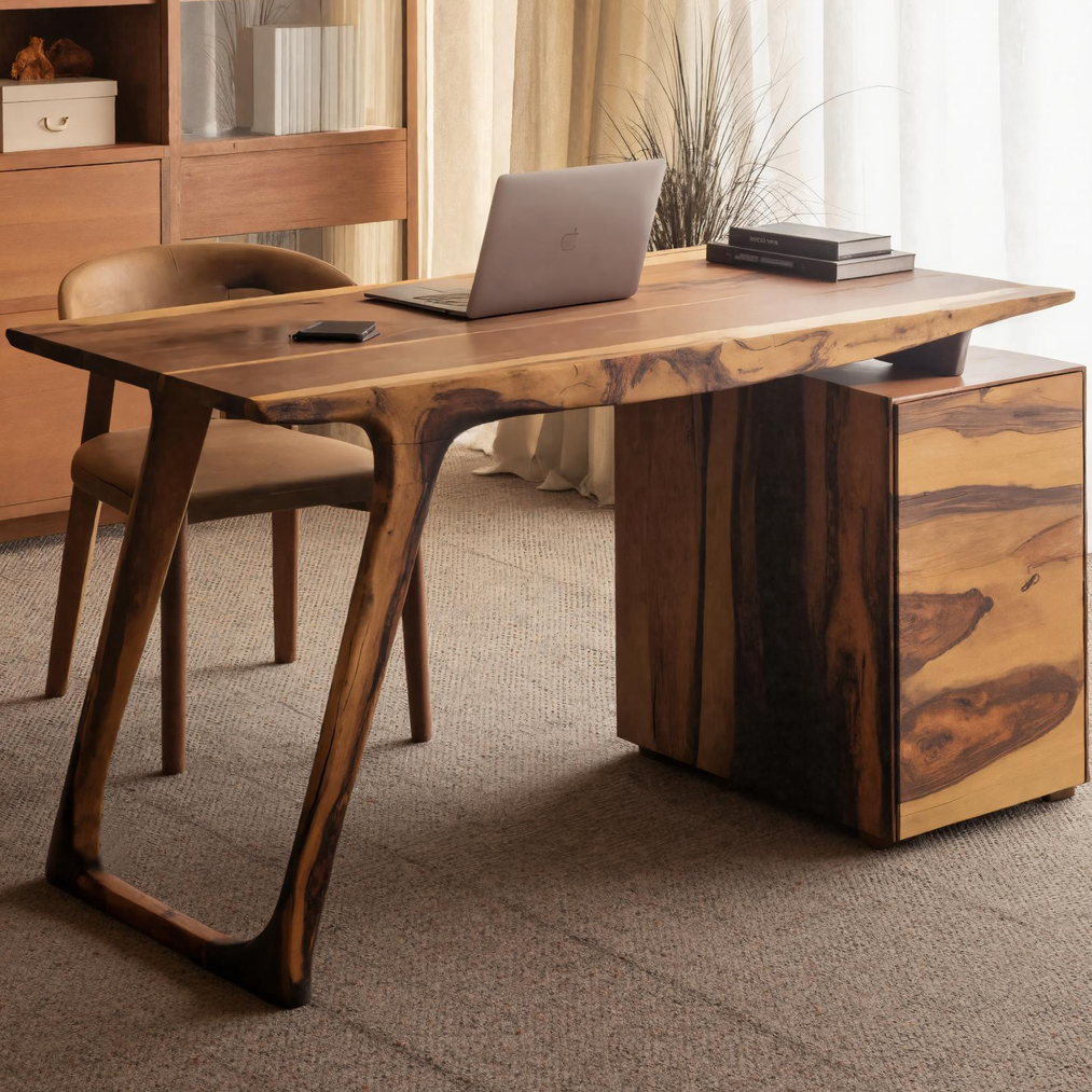 Contemporary Live Edge Office Desk With Storage Cabinet For Workspace SITHHNDE028