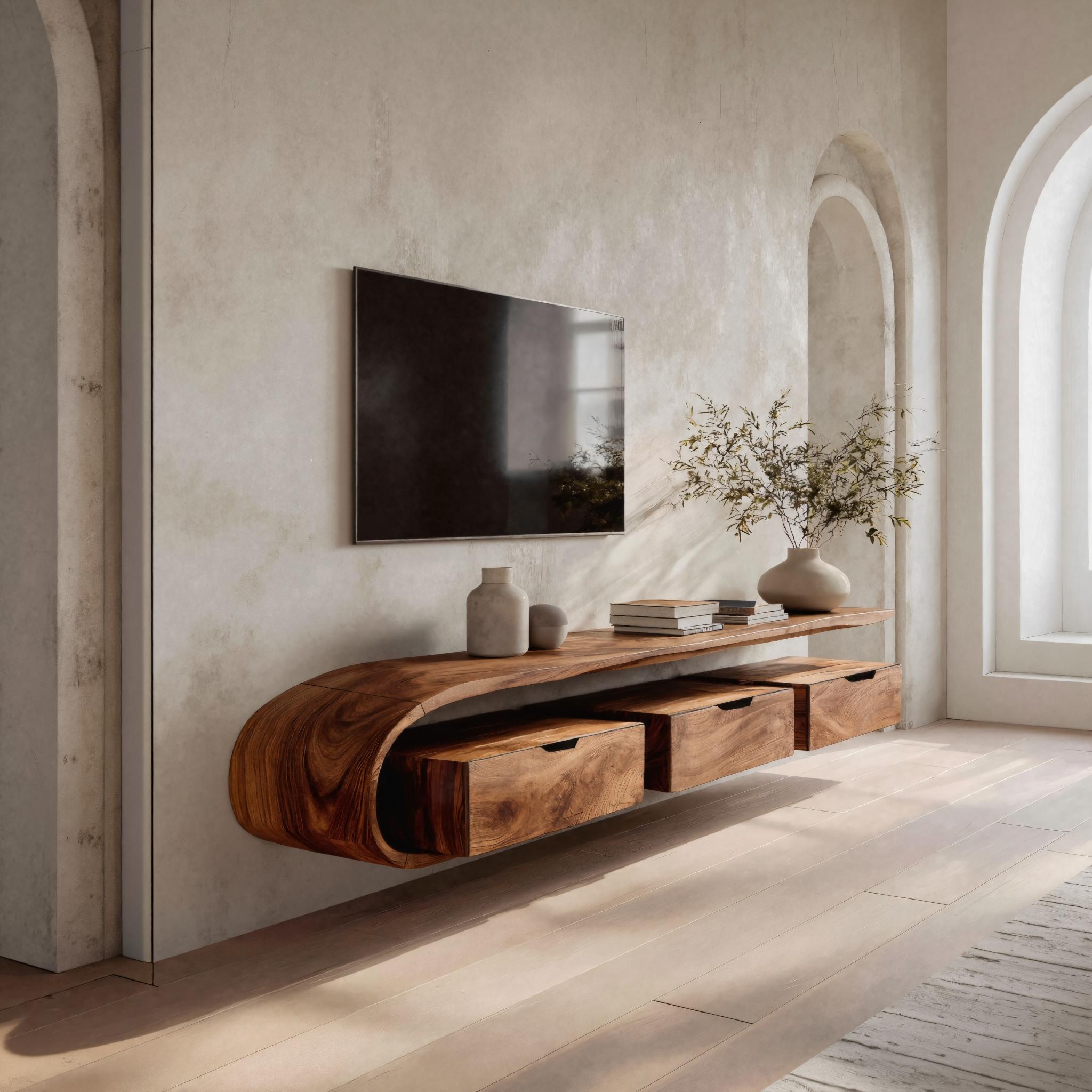 Minimal Curved Floating TV Console With Drawers For Living RTTHHNTVC057