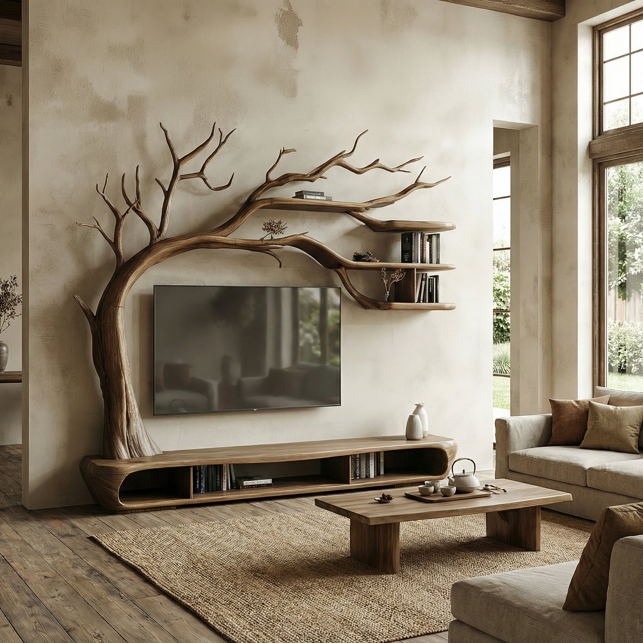 Rustic Sculptural Tree TV Unit For Living Room And Media Area SINLSATB700