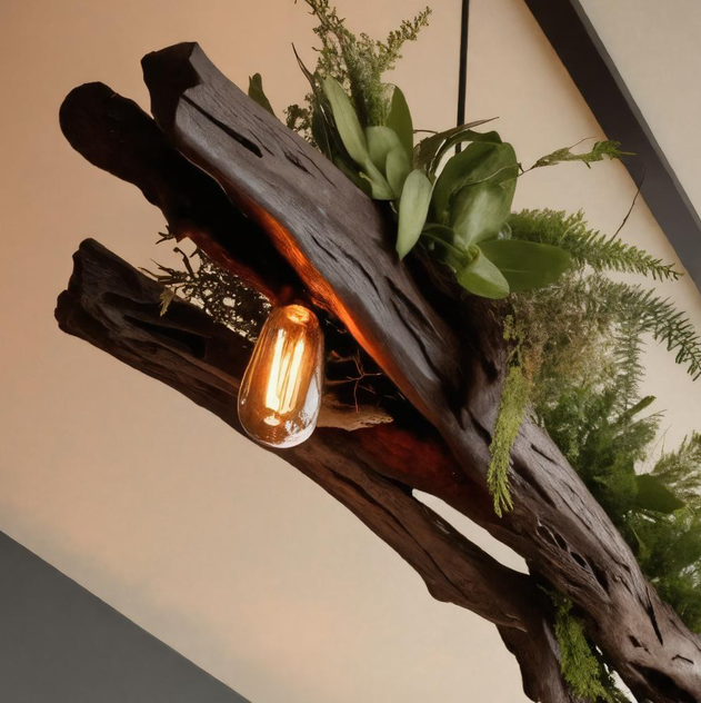 Rustic Driftwood Ceiling Light With Edison Bulbs And Greenery For Kitchen Or Living Room SITHTTLAM007