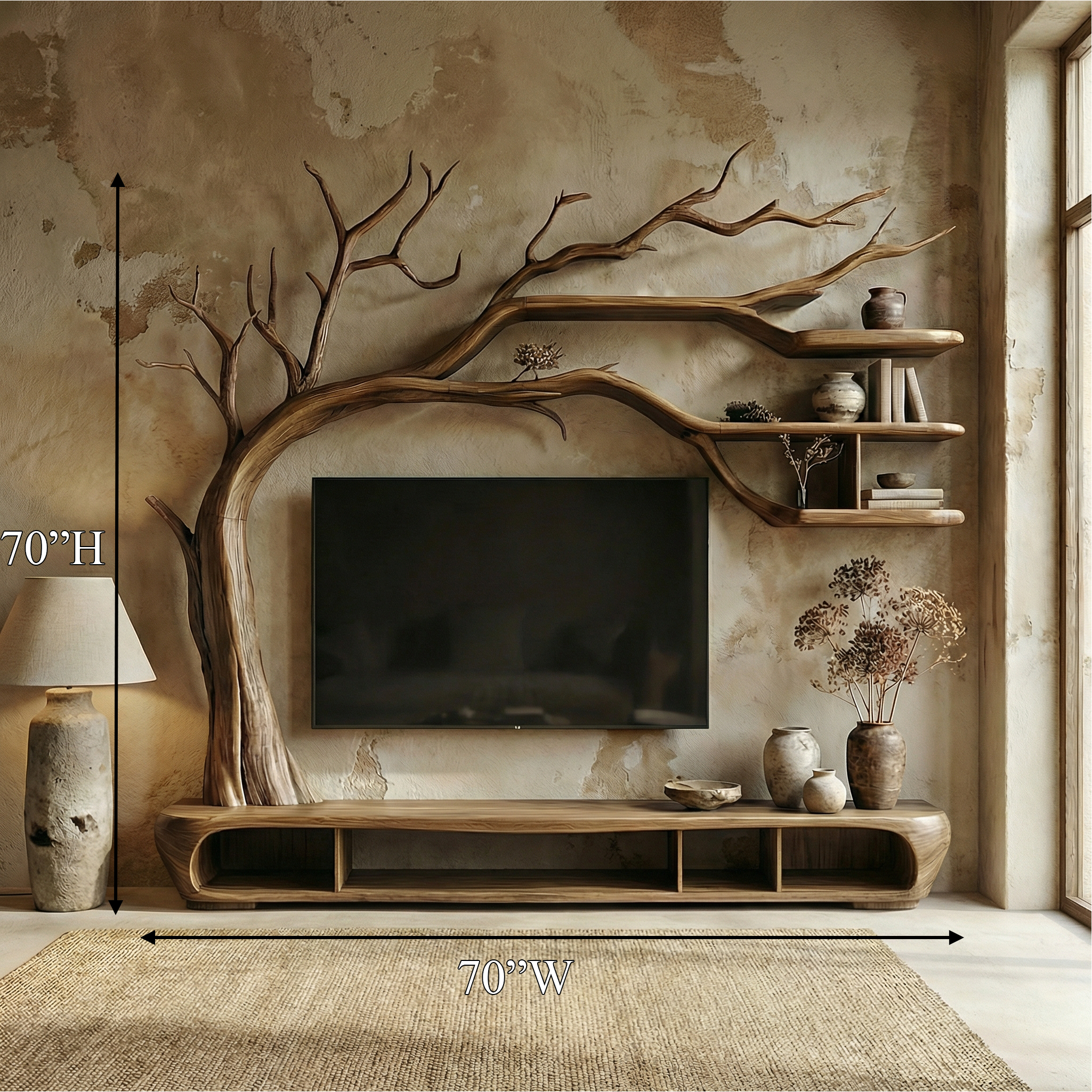Rustic Sculptural Tree TV Unit For Living Room And Media Area SINLSATB700