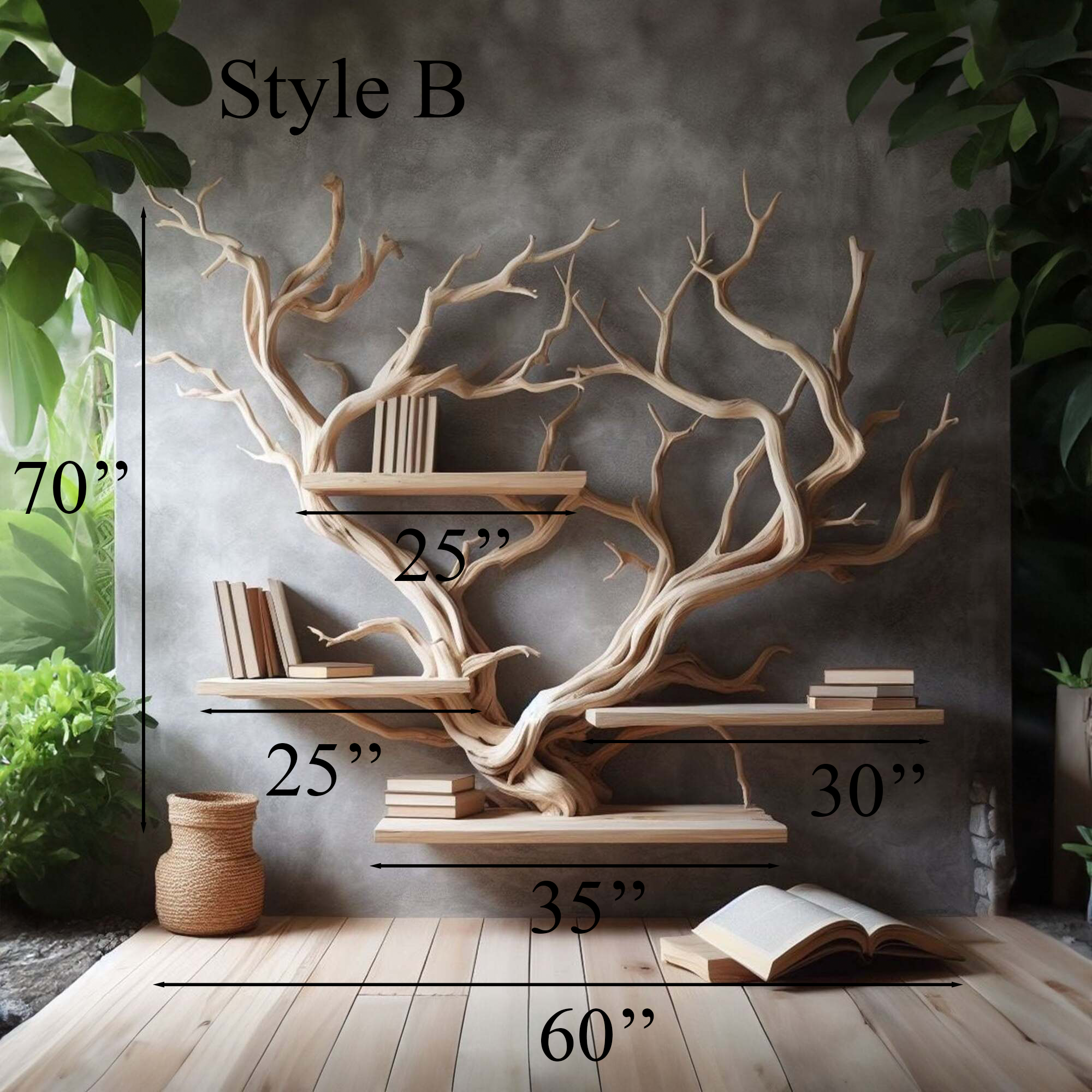 Rustic Tree Bookshelf Driftwood Wall Shelf Bookshelf Home Office Decor SINLTBS006