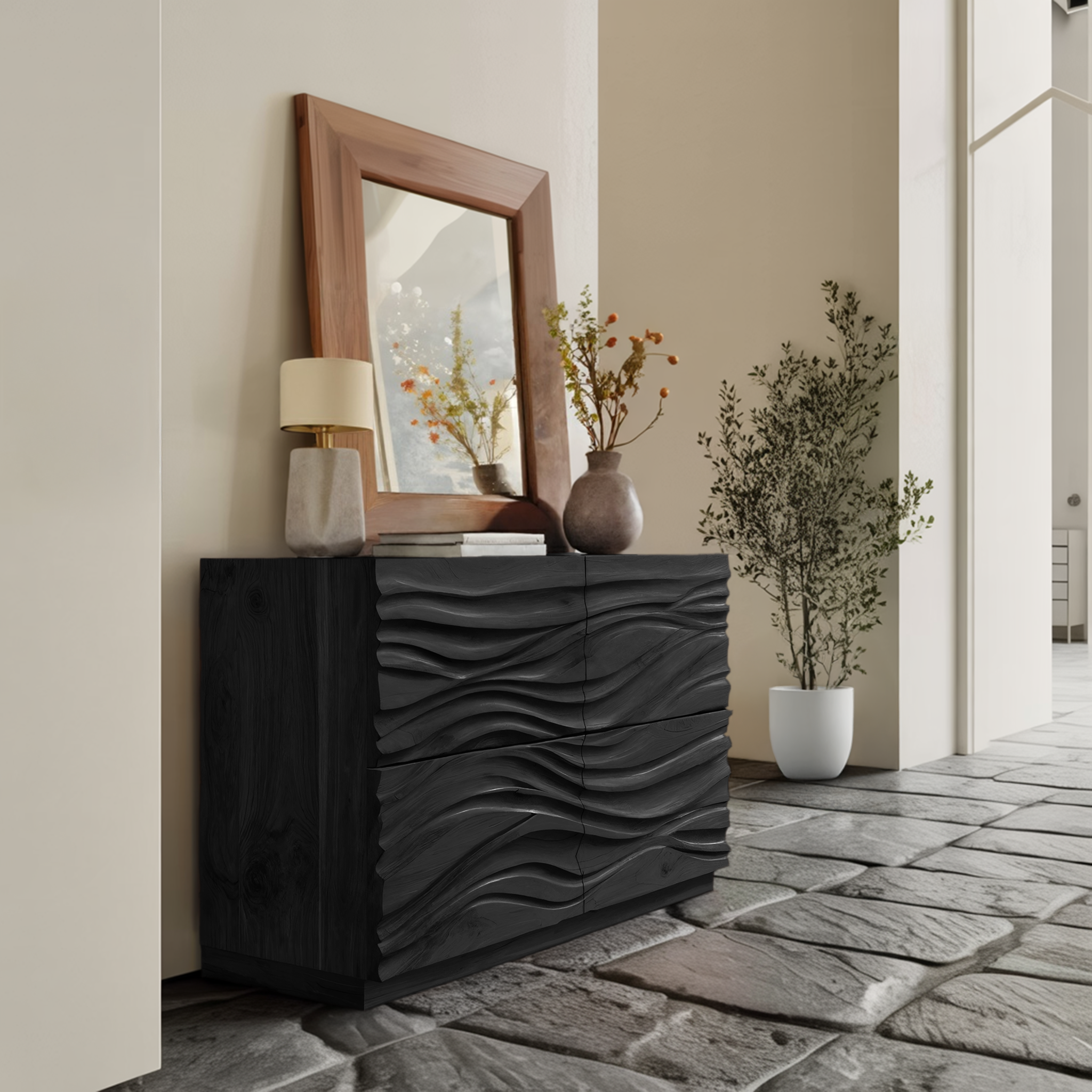 Handcrafted Sideboard Carved Wave Design For Living Decor RTTHHNSD007