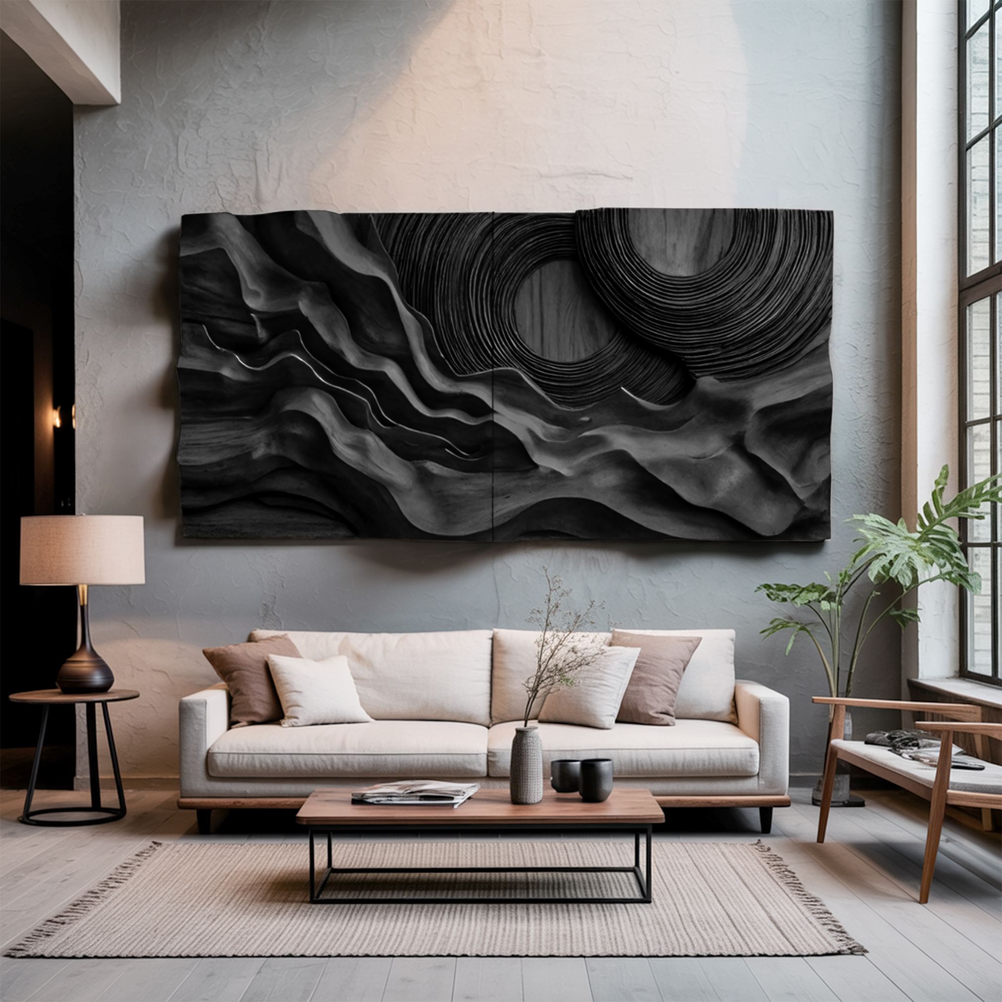 Layered Wave Wall Sculpture With Abstract Circles For Living Room SITHTTWA006