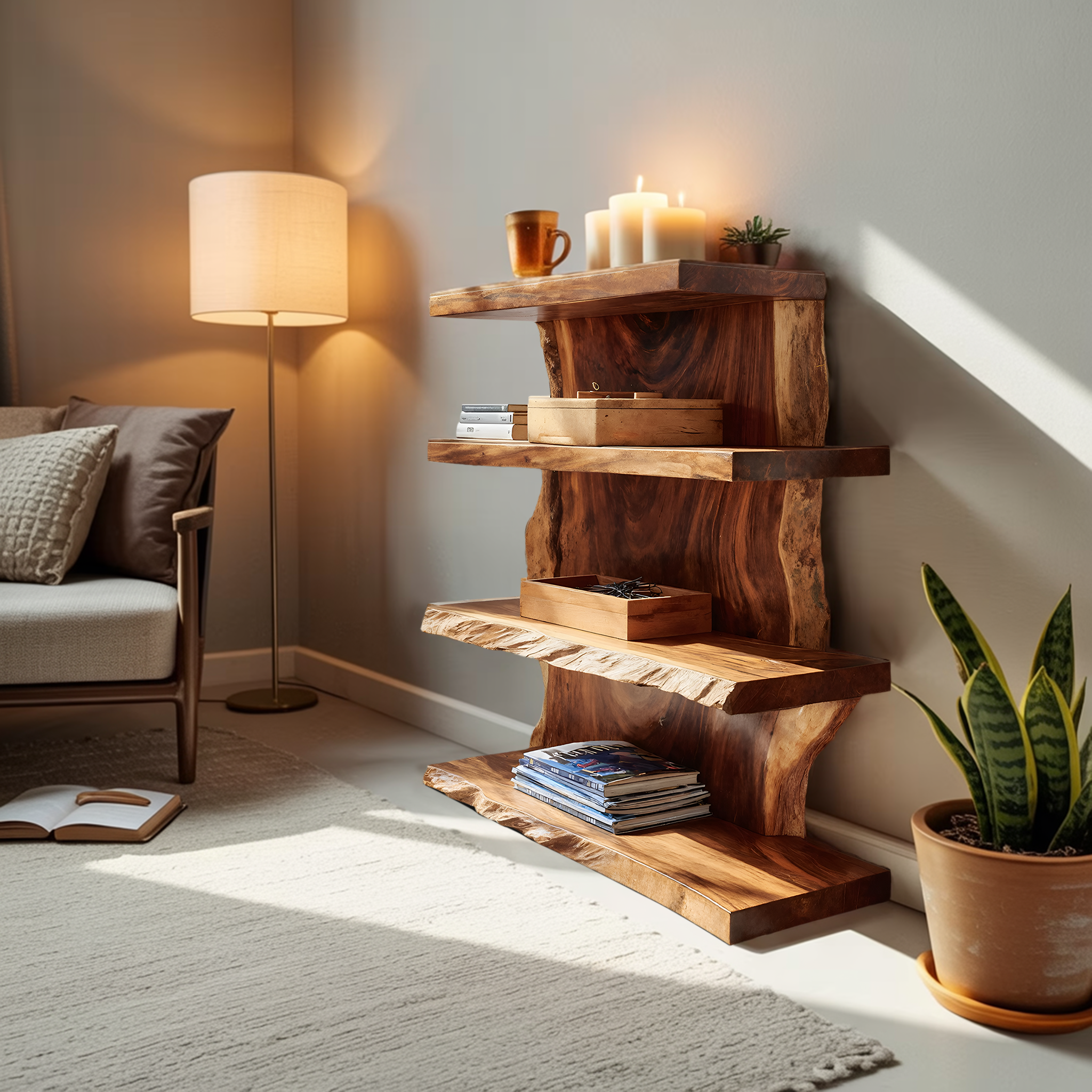 Modern Wooden Live Edge Standing Shelf For Entryway Storage Decor SILDTTNFGS013