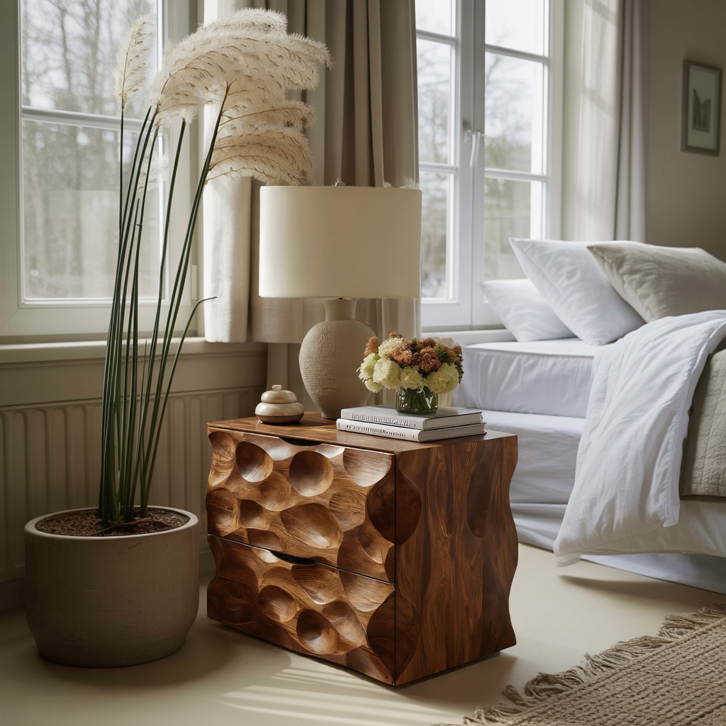 Carved Nightstand With Two Drawers For Bedroom SITHTTNS013