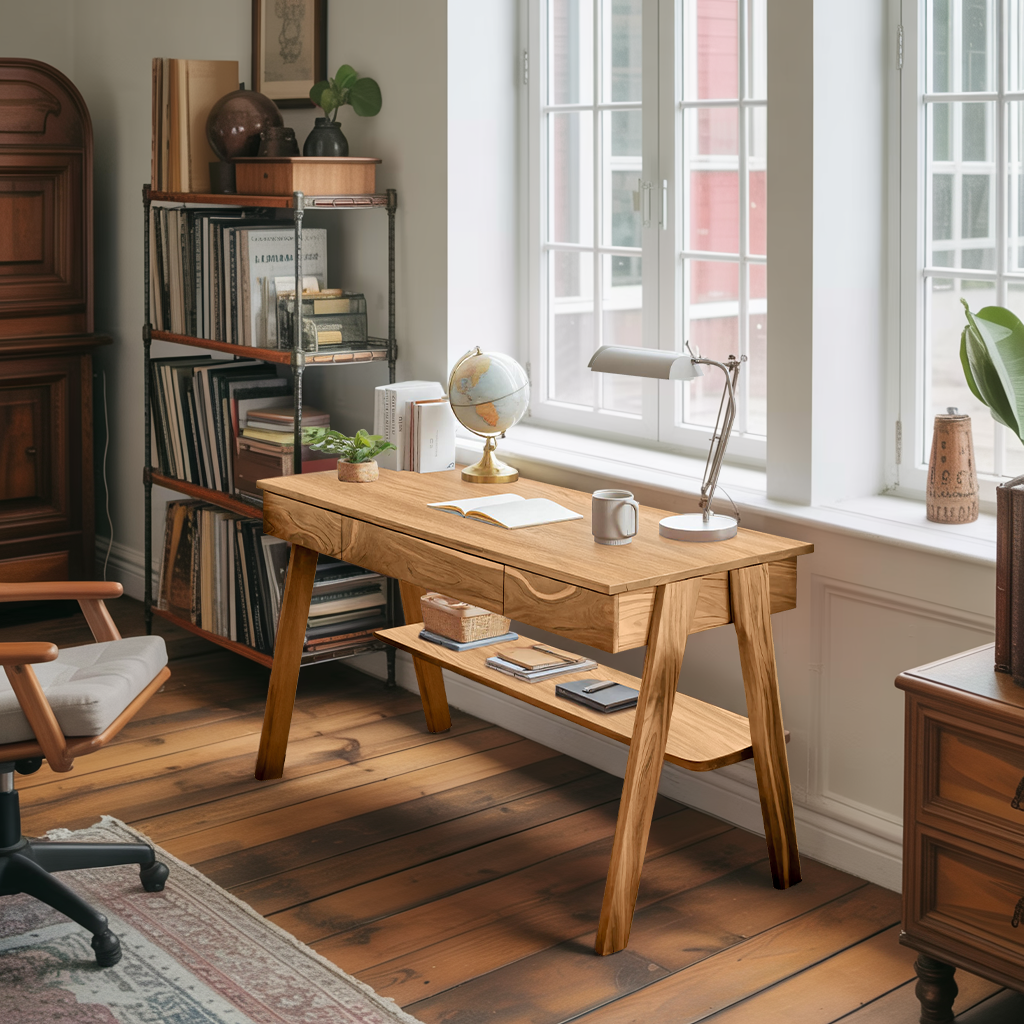 Mid Century Wooden Writing Desk With Drawers And Shelf For Home Office SITHTTDE017