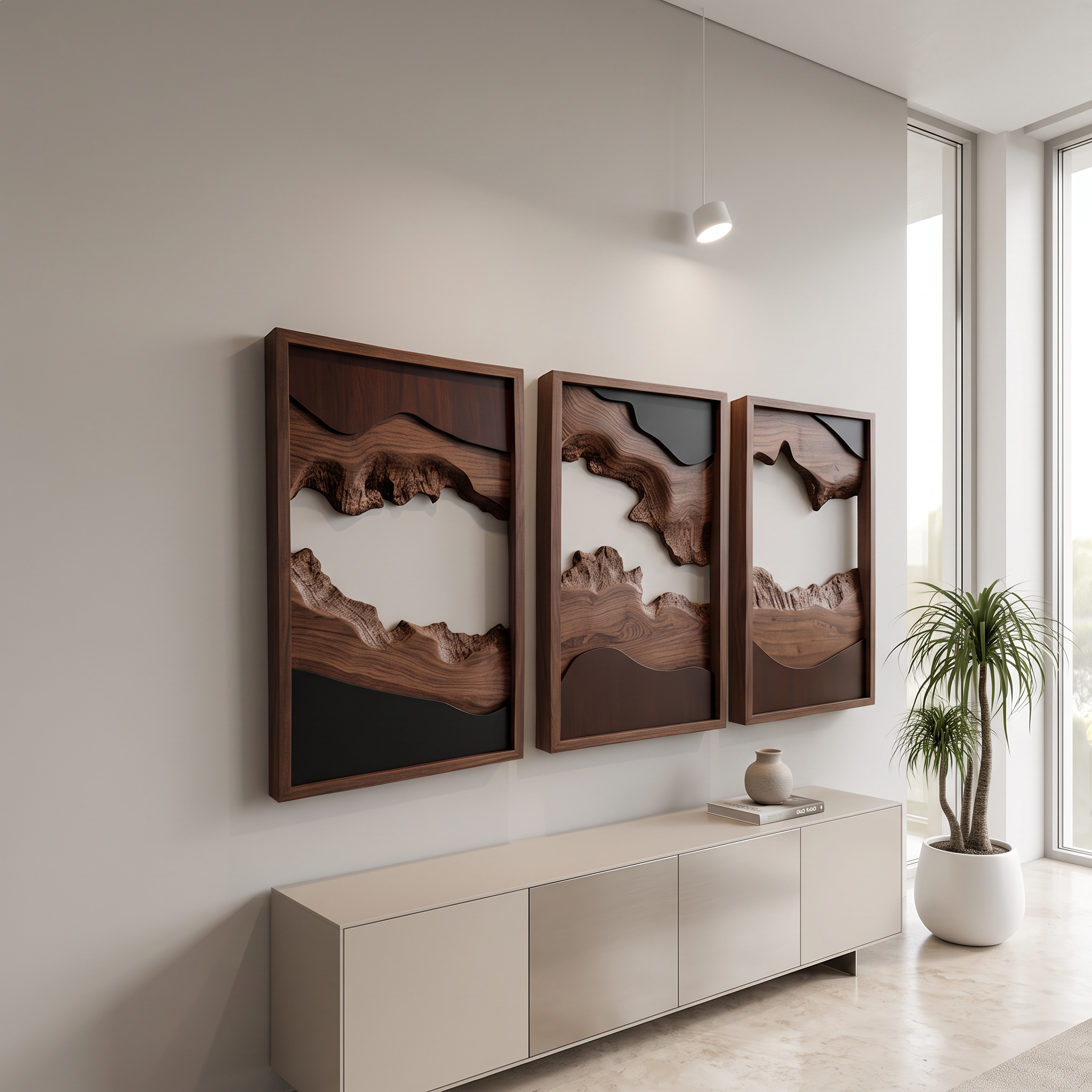 Handcarved Set Wooden Wall Panels Abstract Nature Art Interiors SINLSAWD001