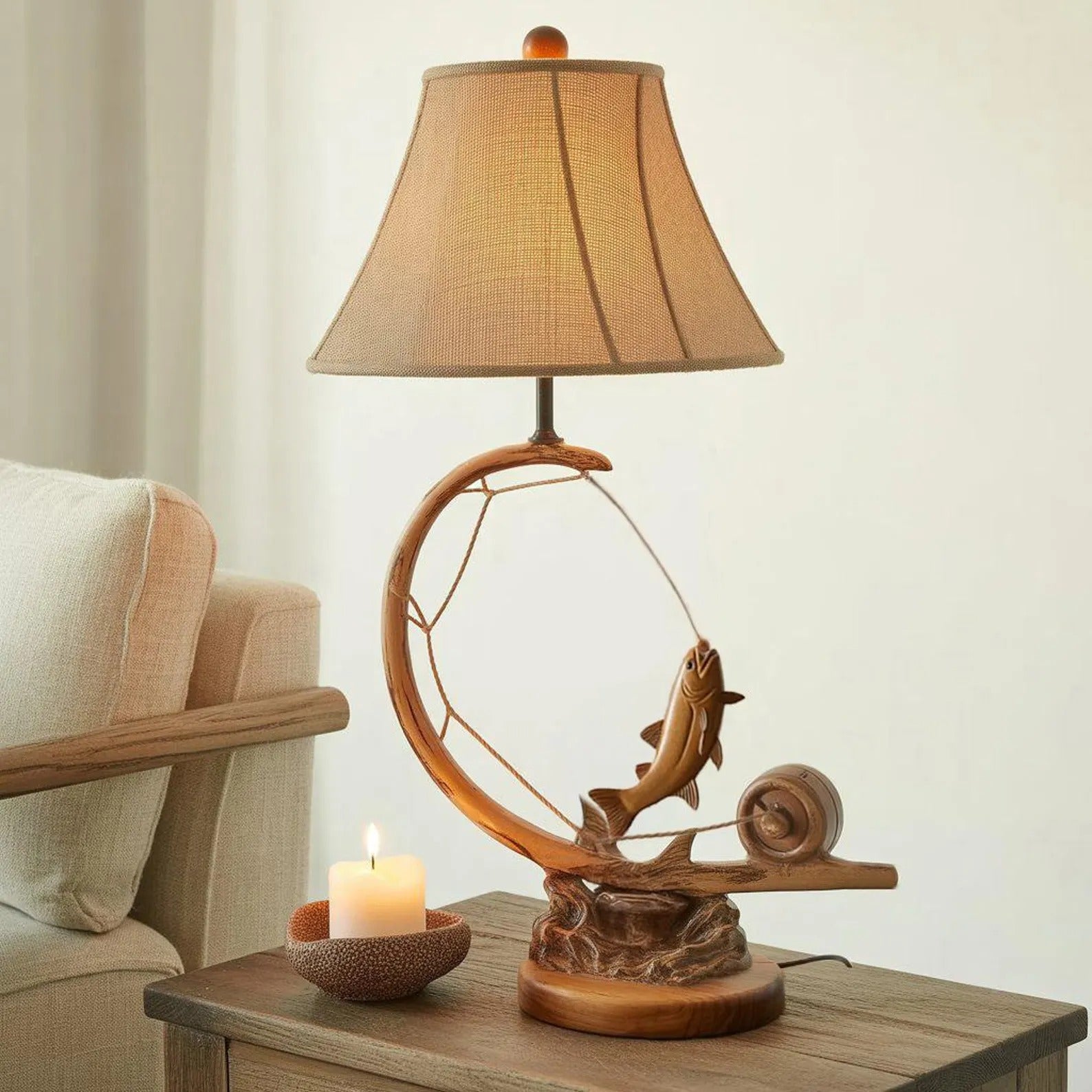 Rustic Fishing Table Lamp For Cabin Living Room Decor SITHLAM034