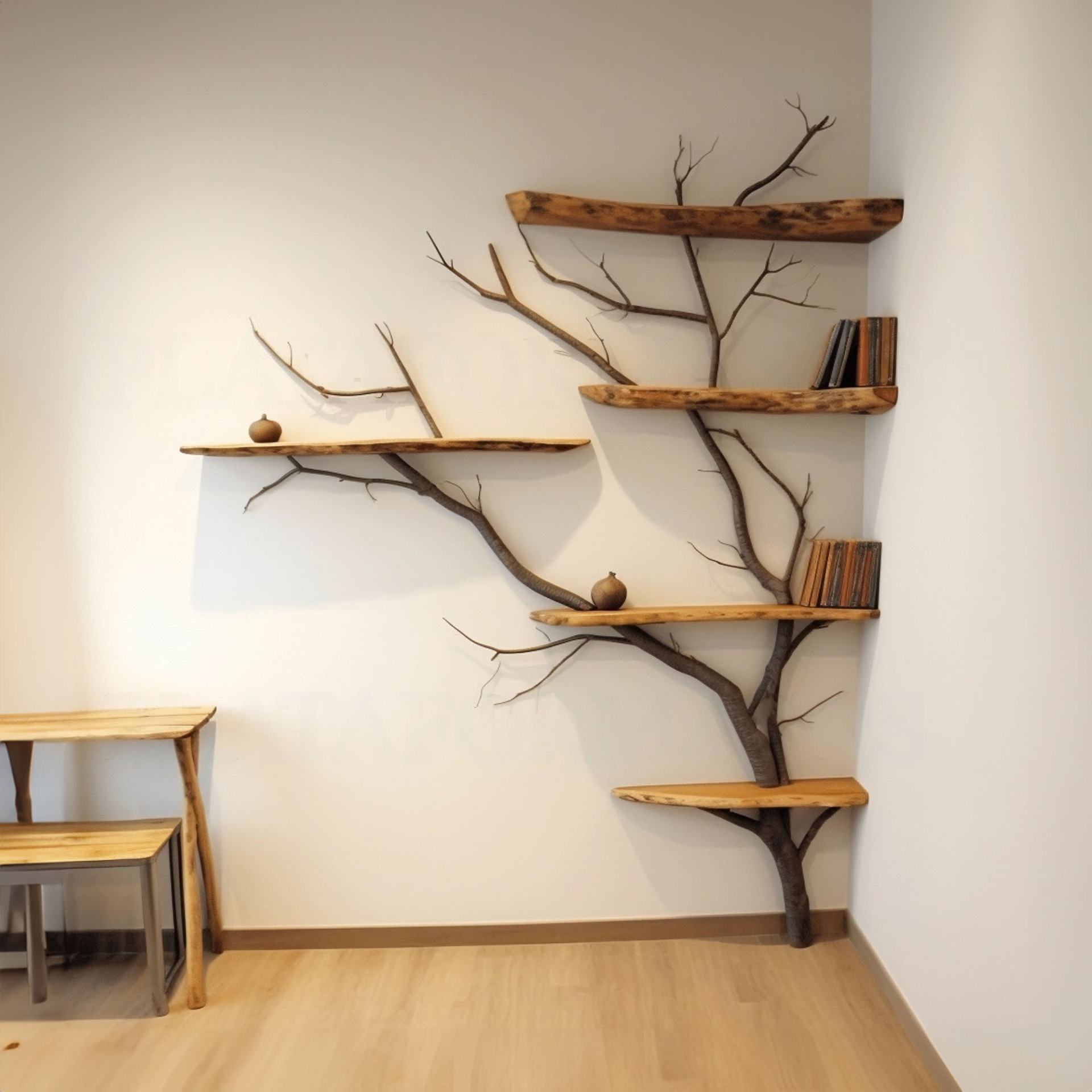 Minimalist Wild Mulberry Wood Corner Tree Bookshelf Decor For Living Room SINLTB004