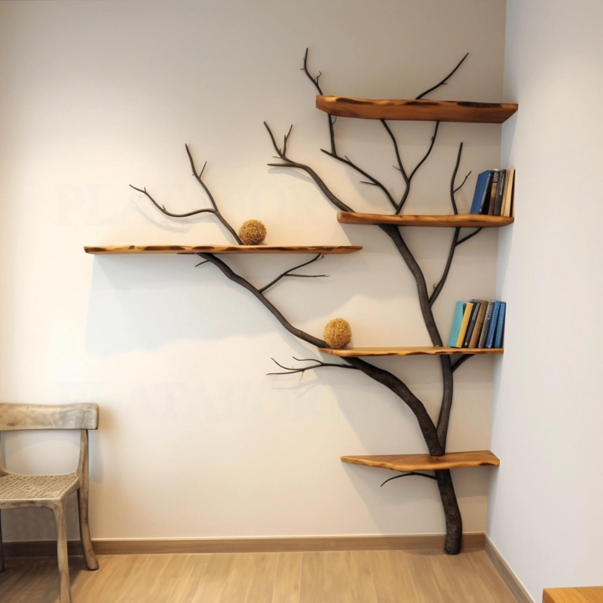 Minimalist Wild Mulberry Wood Corner Tree Bookshelf Decor For Living Room SINLTB004