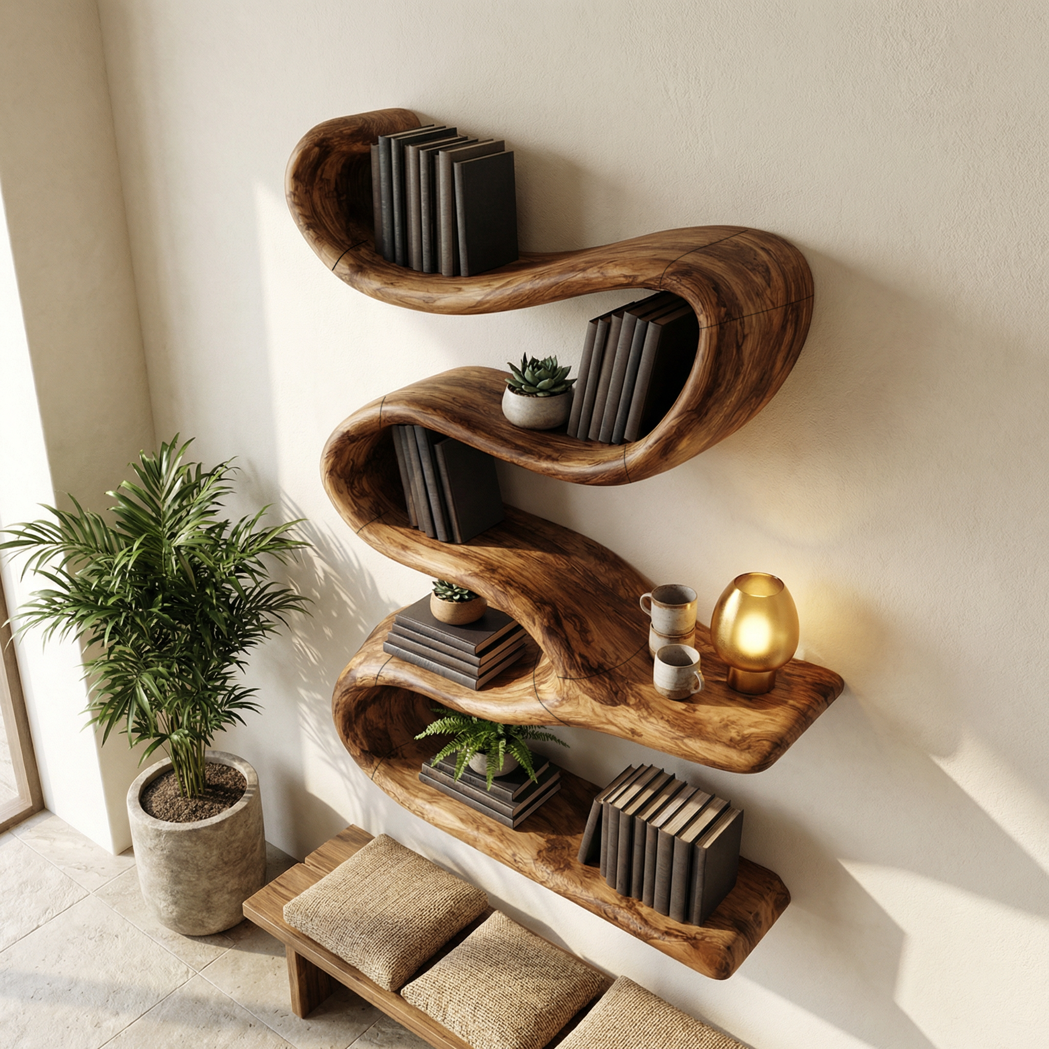 Modern Organic Wall Bookshelf Solid Wood Flowing Multi Tier Design Living Room SINLHATB710