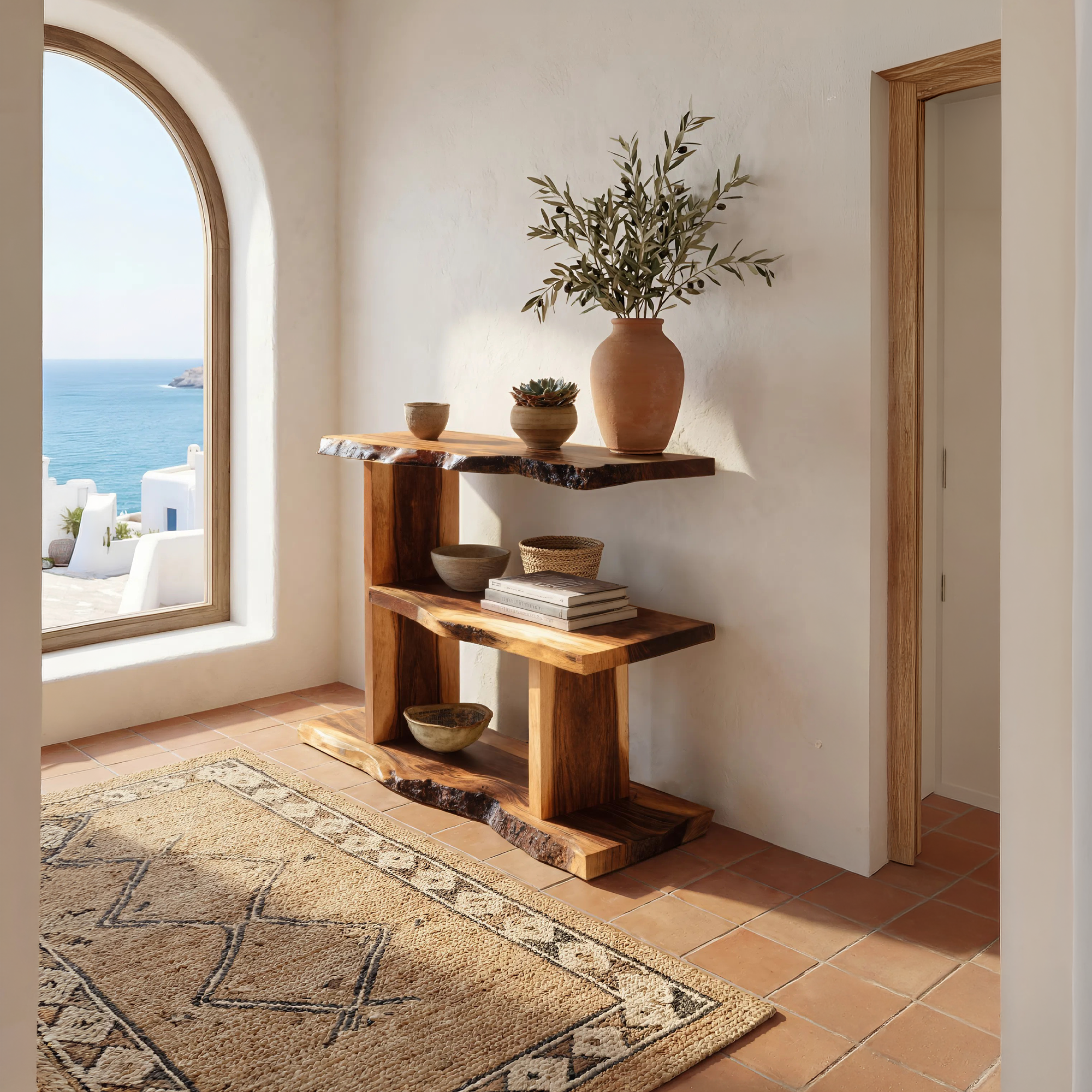 Artistic Wooden Live Edge Standing Shelf For Entryway Storage Design SILDTTNFGS008