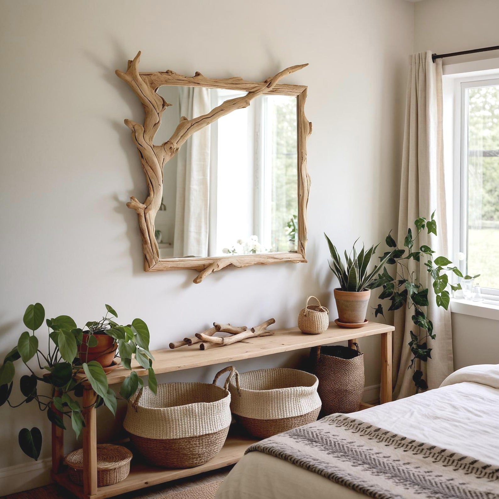 Rustic Driftwood Wall Mirror And Wooden Frame Art For Beach Inspired Living Room And Coastal Entrance Decor SITHMI001