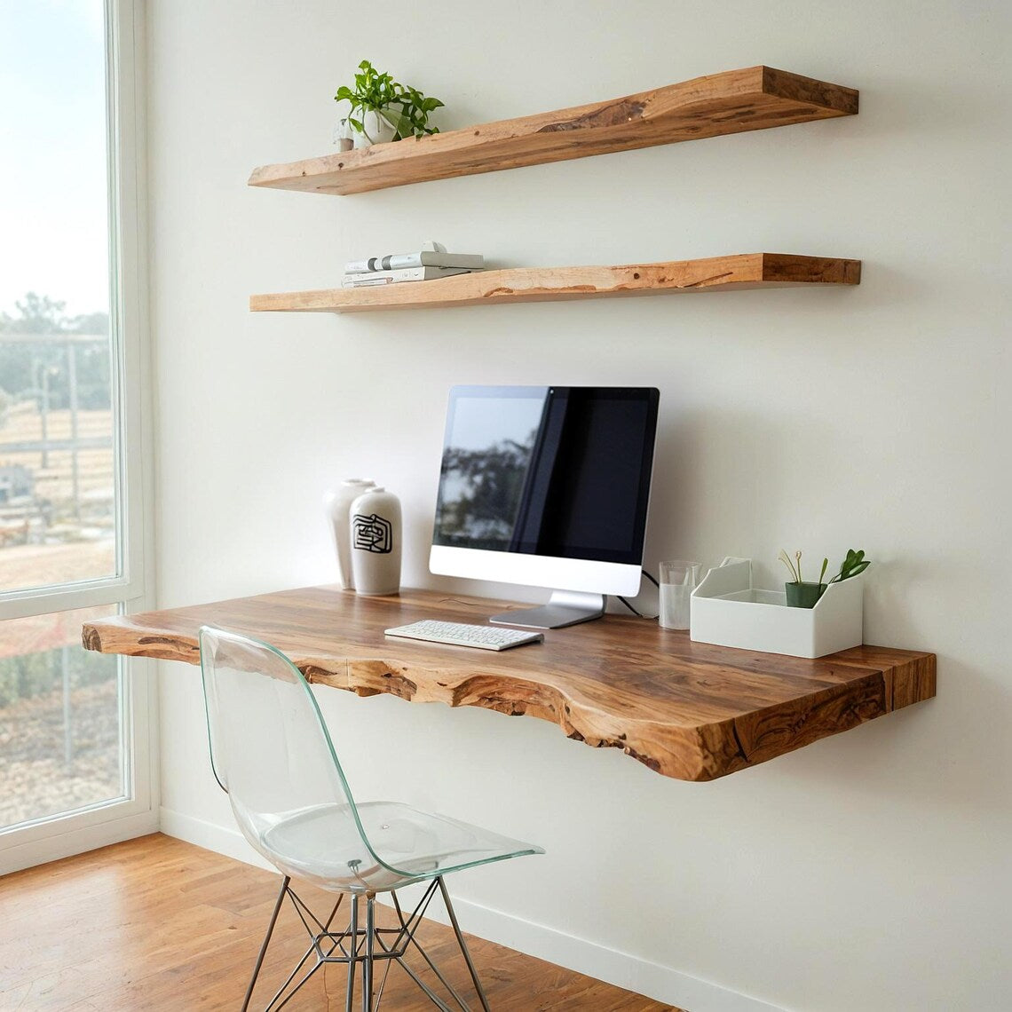 Rustic Interior Design Live Edge Floating Desk And Wall-Mounted Workstation For Home Office SITHDE008