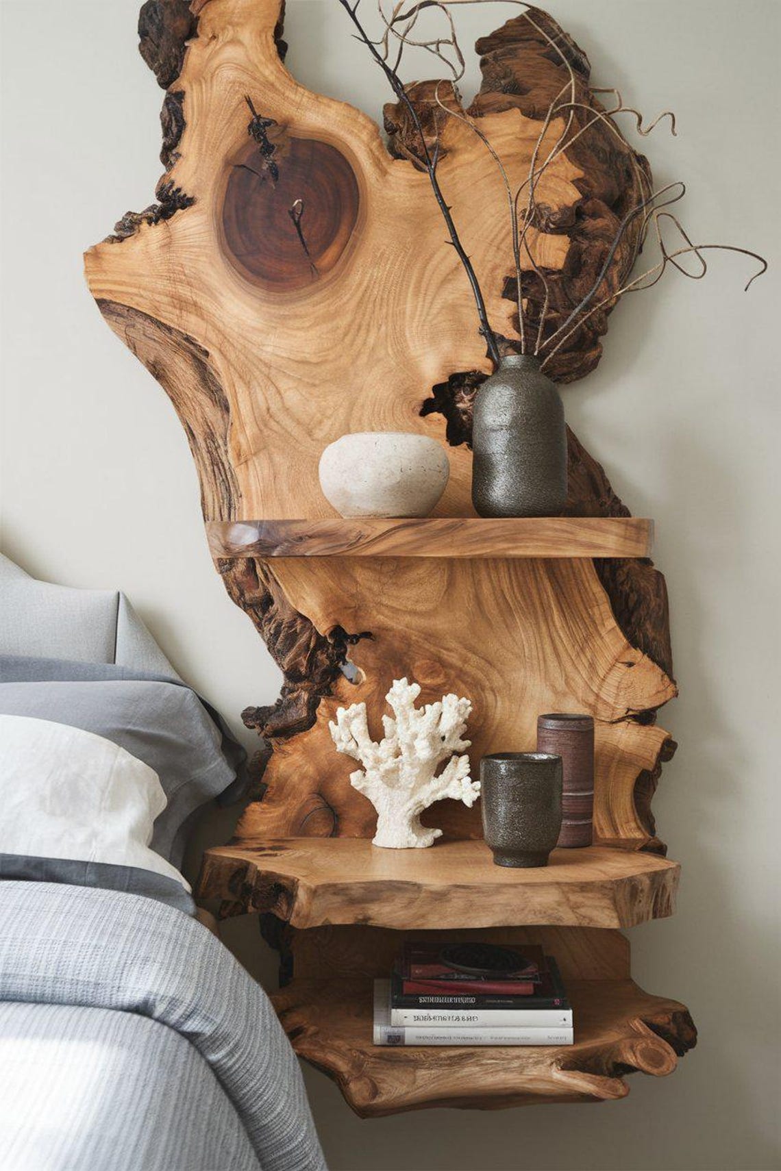Rustic Live Edge Wood Shelf For Bedroom Decoration And Wooden Bookshelf Display SITHFL002