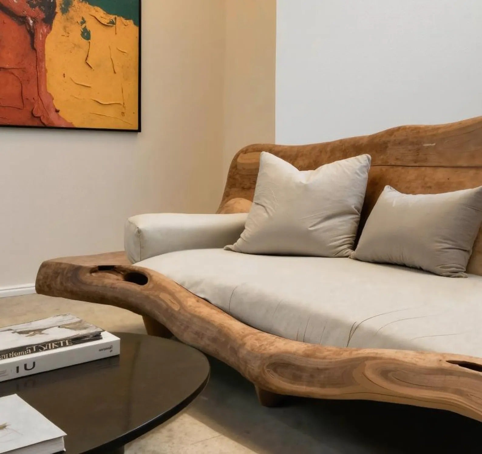 Organic Sculptural Wood Sofa For Living Room Lounge Entryway Or Office Featuring Natural Edge Design And Handcrafted Curved Backrest SITHCHR019