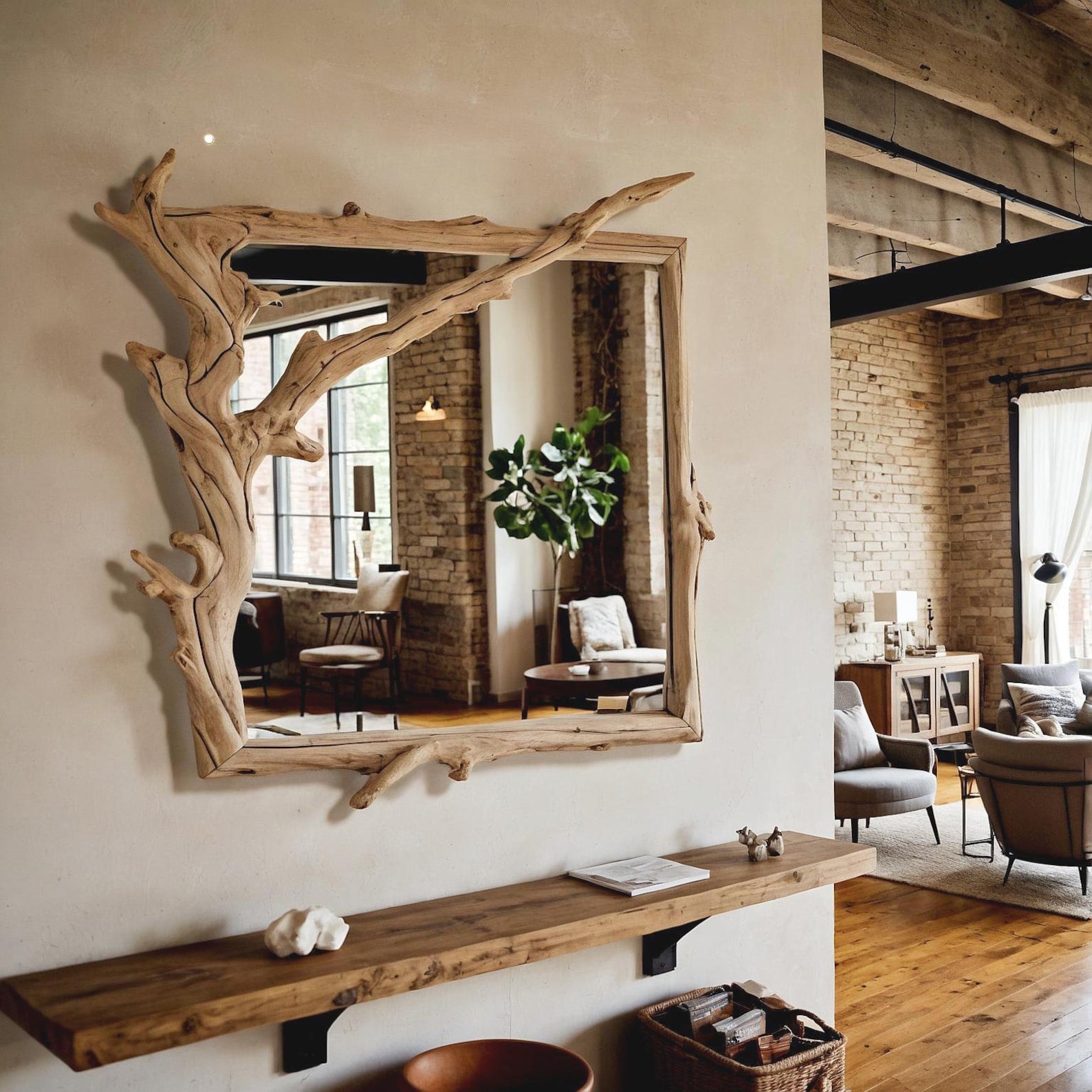 Rustic Driftwood Wall Mirror And Wooden Frame Art For Beach Inspired Living Room And Coastal Entrance Decor SITHMI001