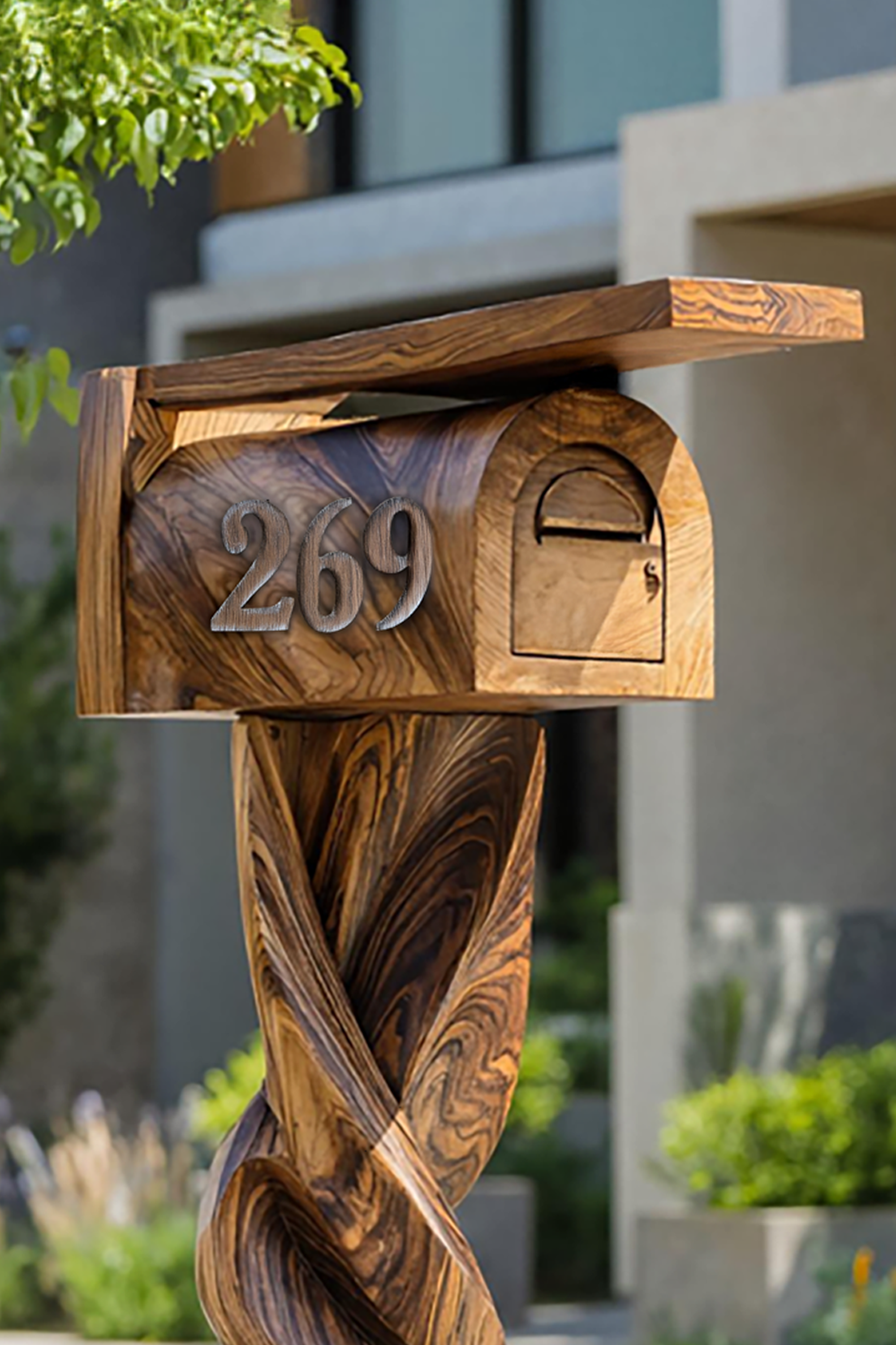 Mid Century Wooden Sculpture Mailbox For Patio Outdoor Decor SILDTTRMB001