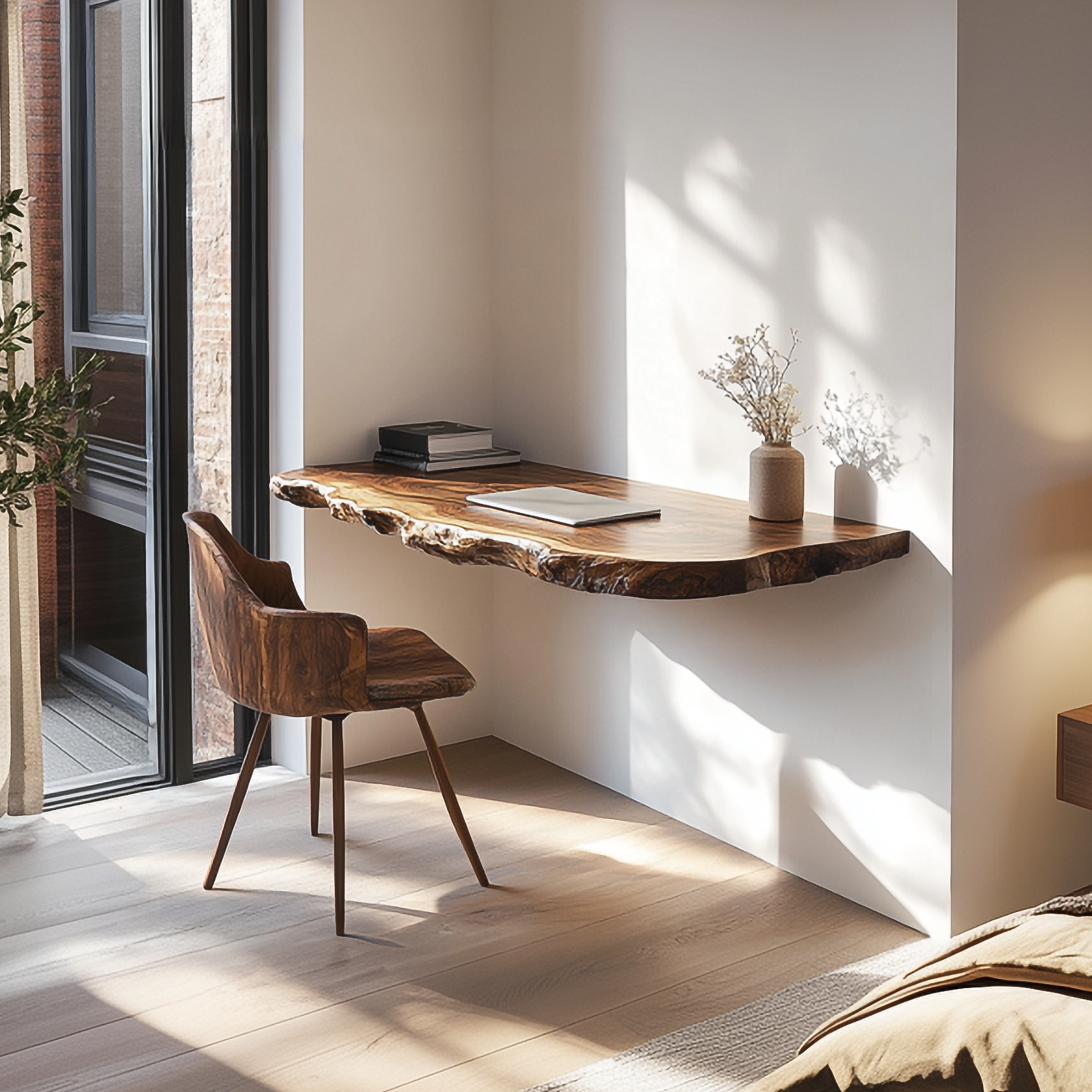 Rustic Live Edge Floating Desk Solid Wood Wall Mounted Office SINLSAFL350