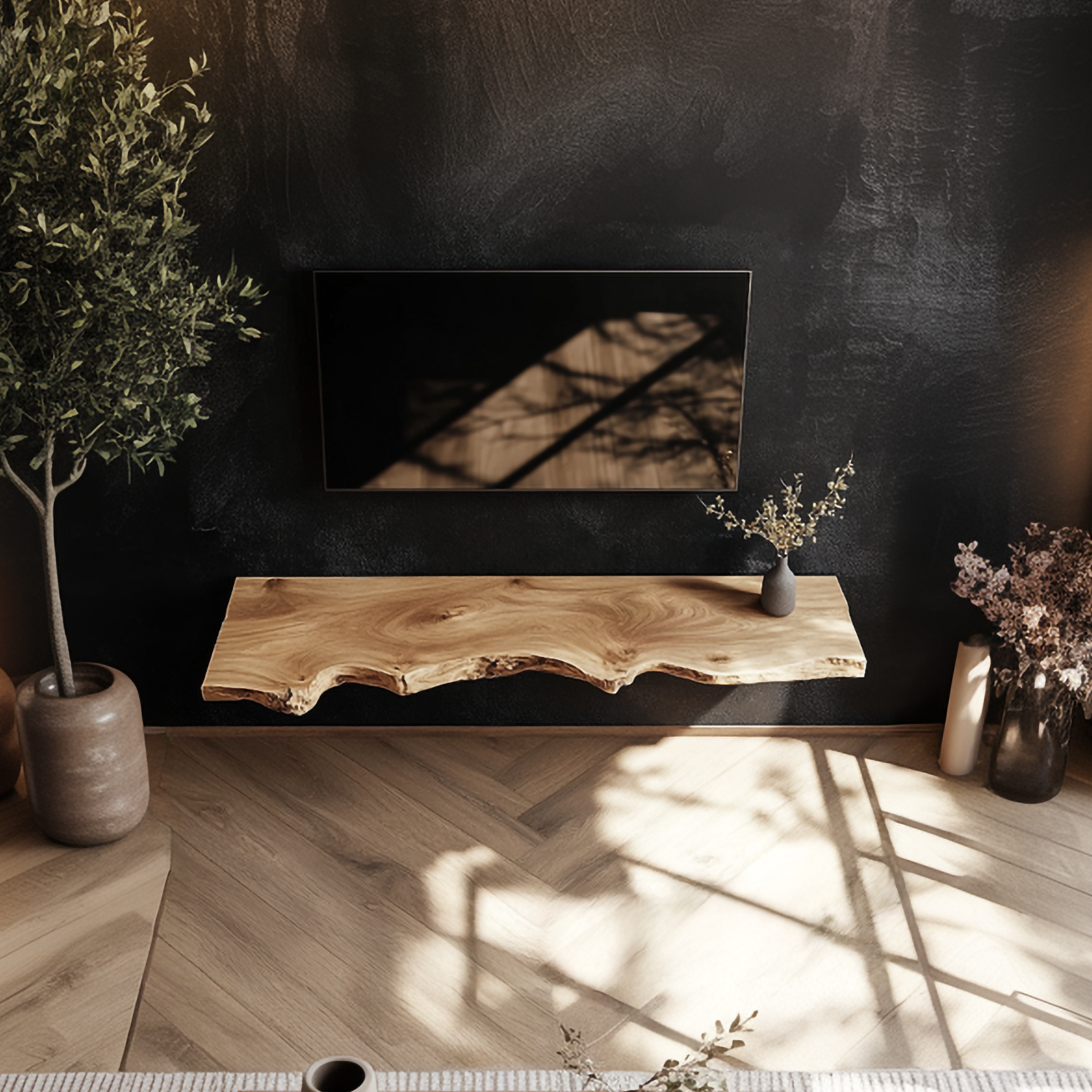 Organic Live Edge Solid Wood TV Shelf Floating Media Console Interior SINLSAFL363