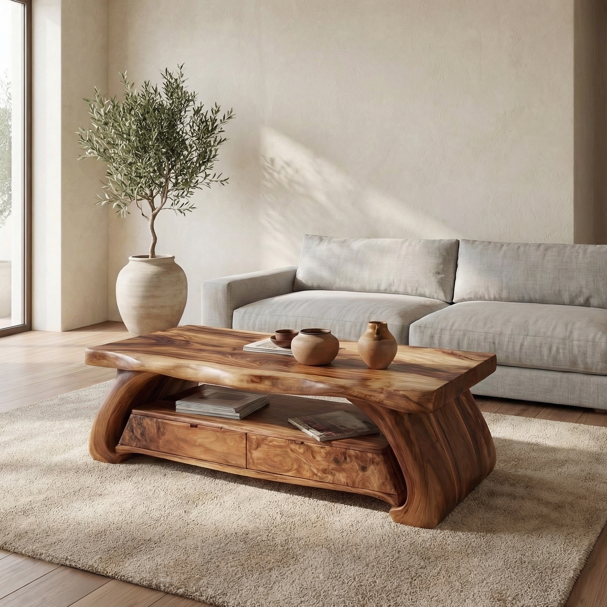 Rustic Solid Wood Coffee Table Natural Sculptural Base Living Room SINLSACF325