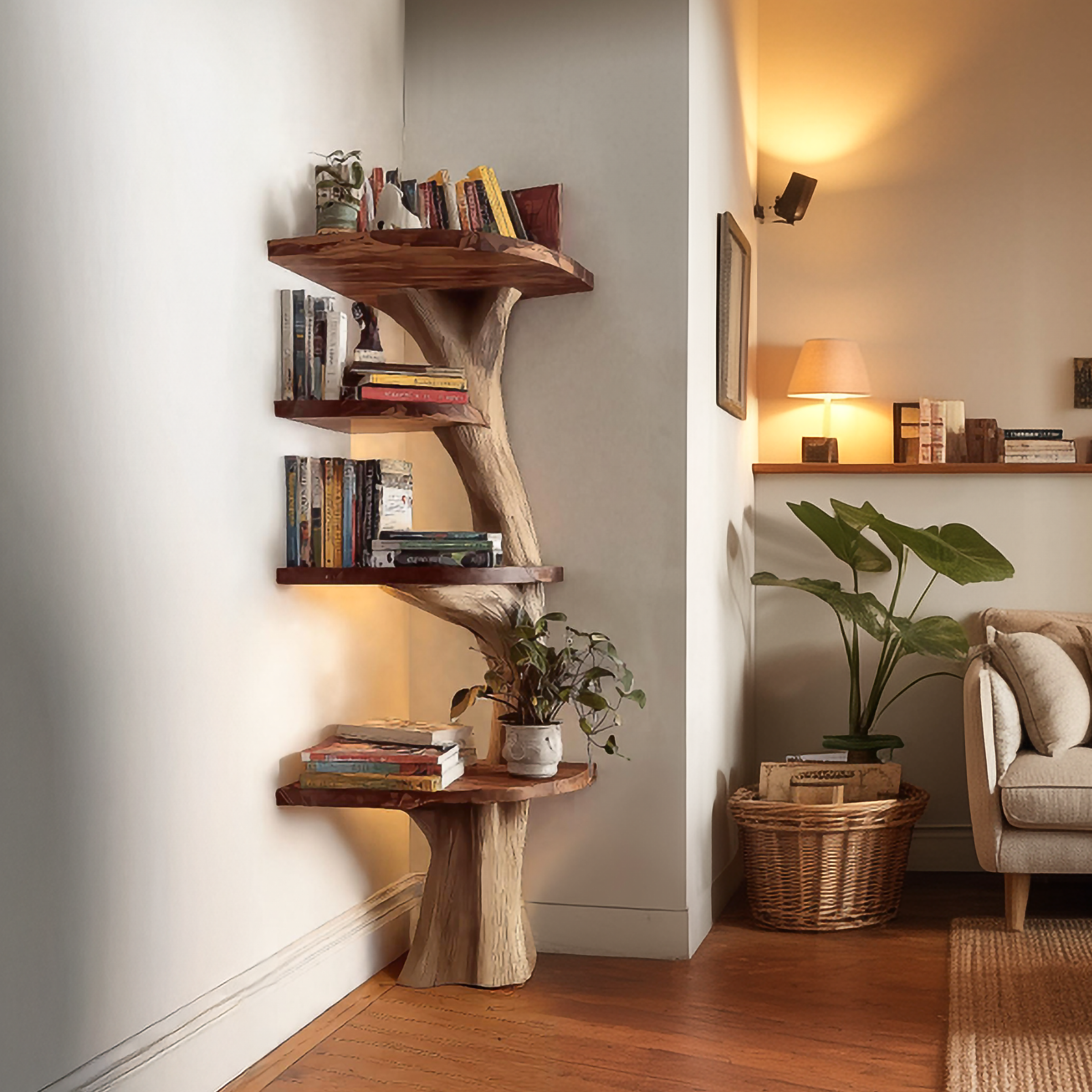 Rustic Handcrafted Tree Shelf Unit Living Room Interior Artistic Accent SINLSATB611