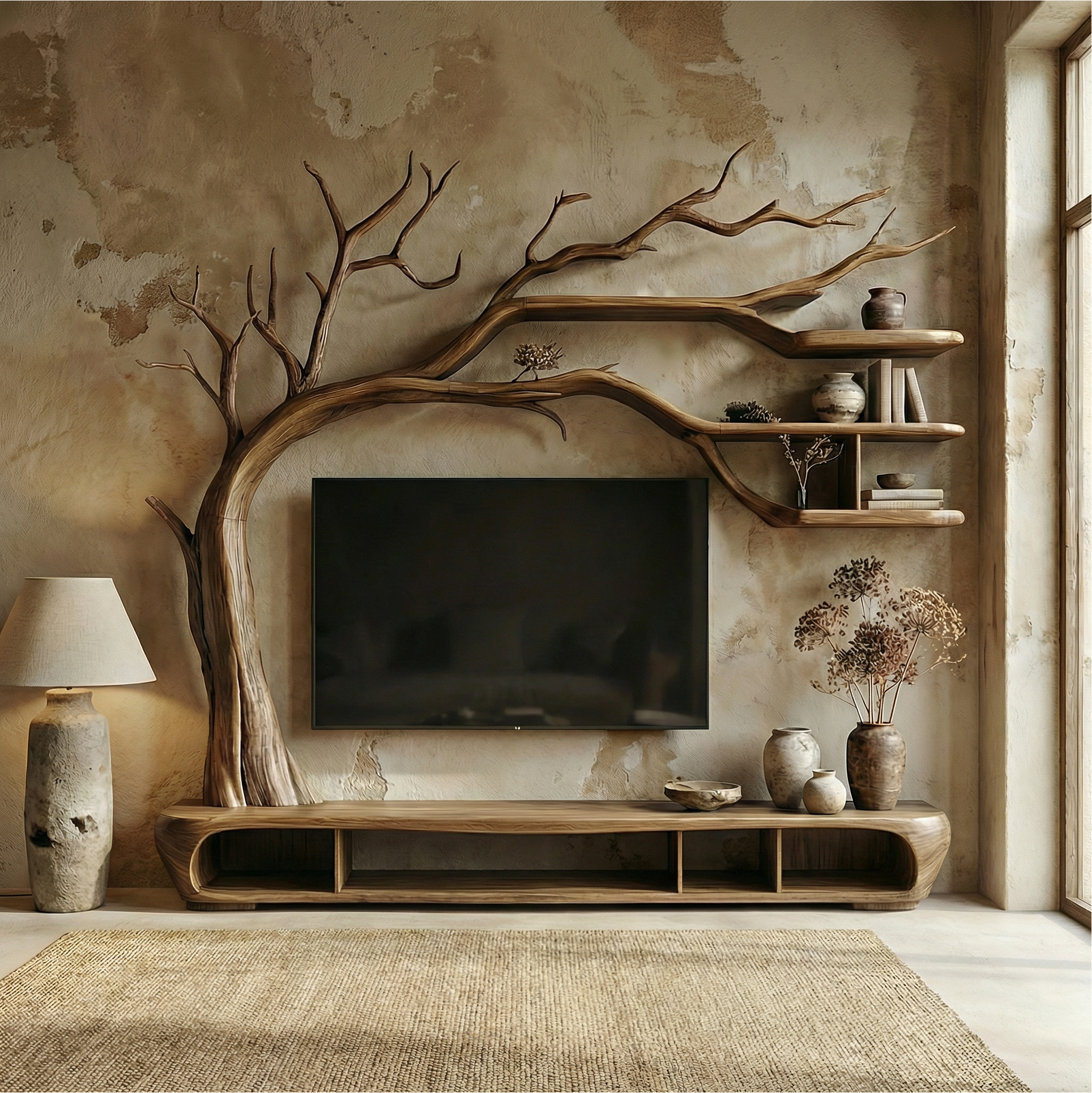 Rustic Sculptural Tree TV Unit For Living Room And Media Area SINLSATB700