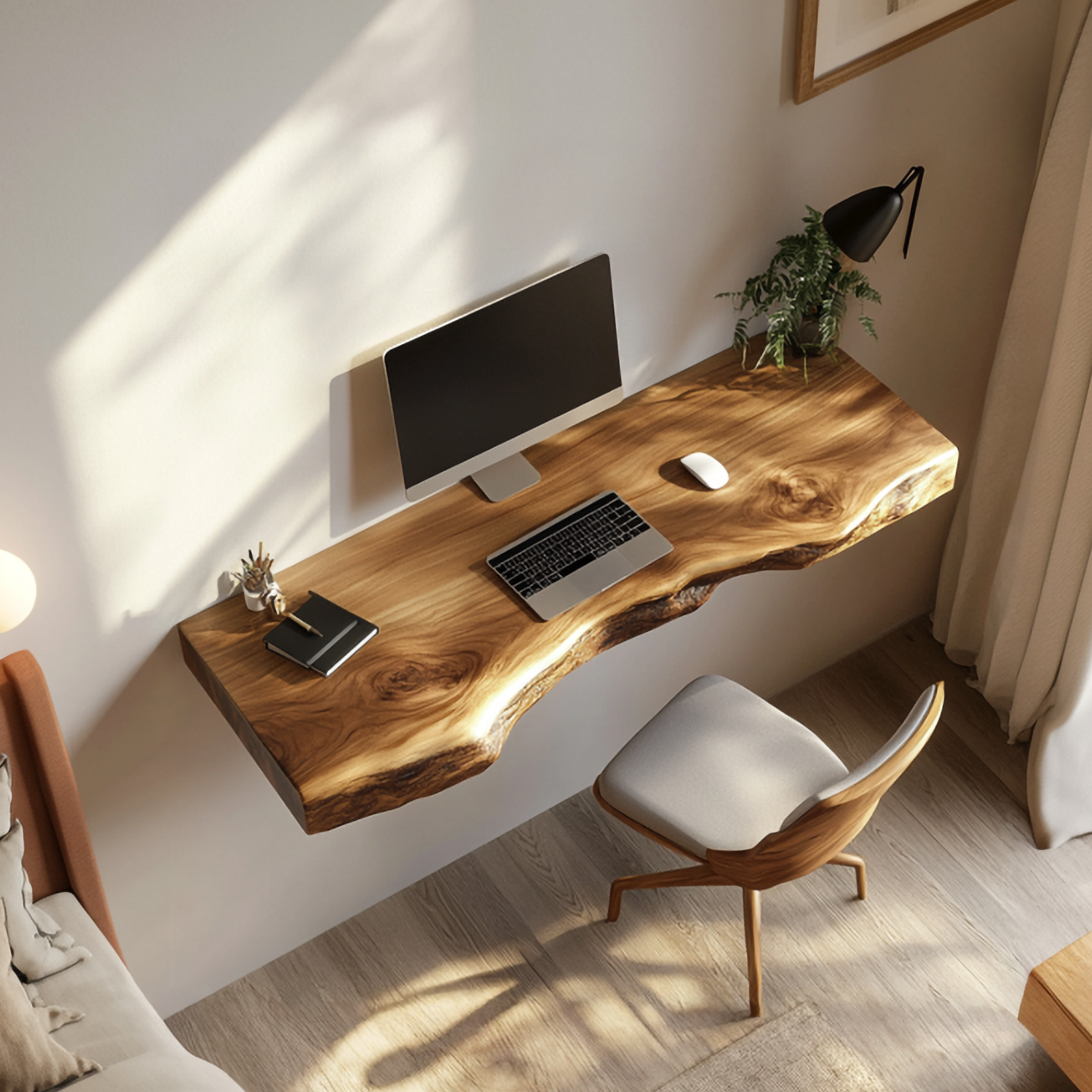 Handcrafted Live Edge Wall Desk Solid Wood Study Room Interior Artistic Design SINLSAFL428