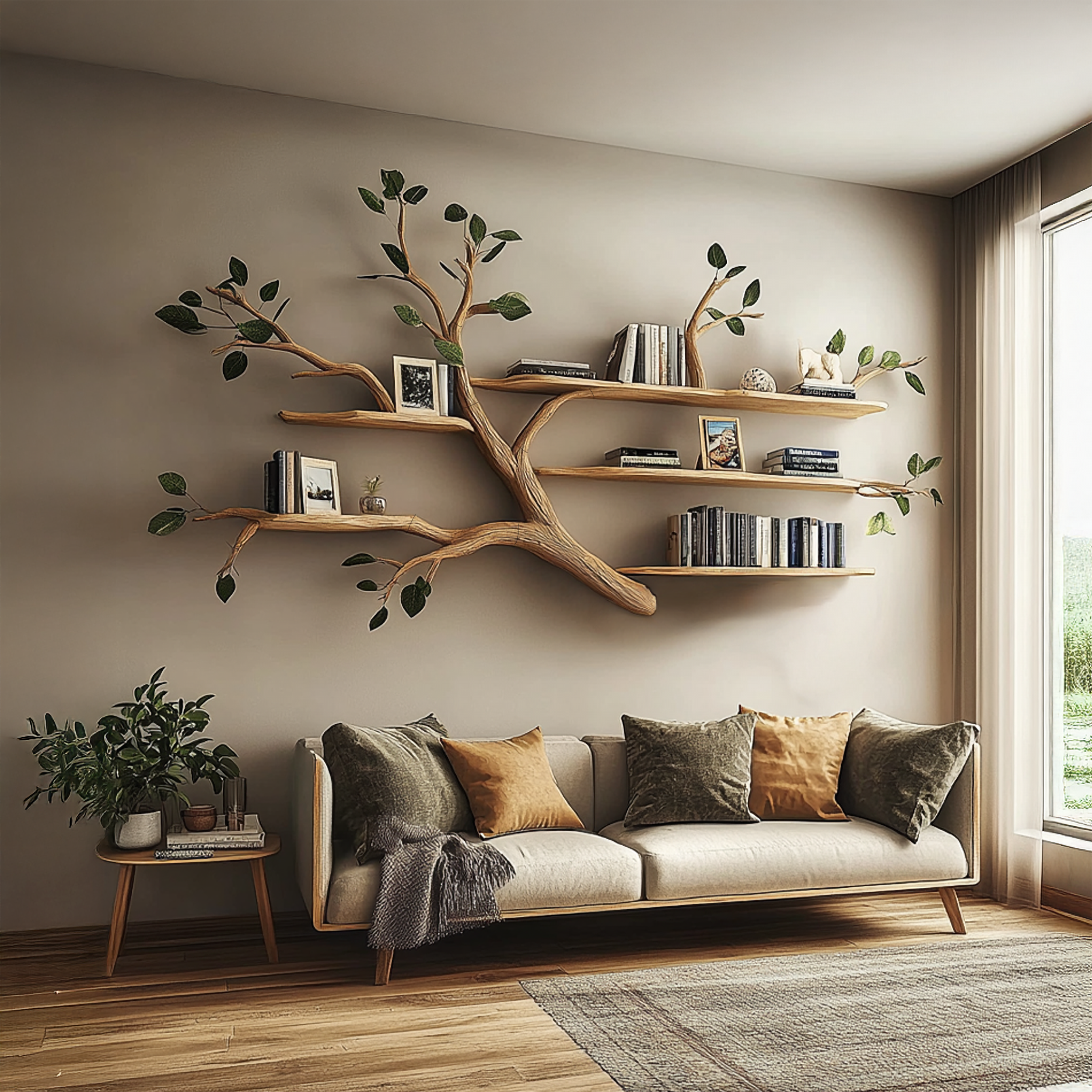 Rustic Solid Wood Tree Branch Floating Bookshelf Living Room SINLSATBS037