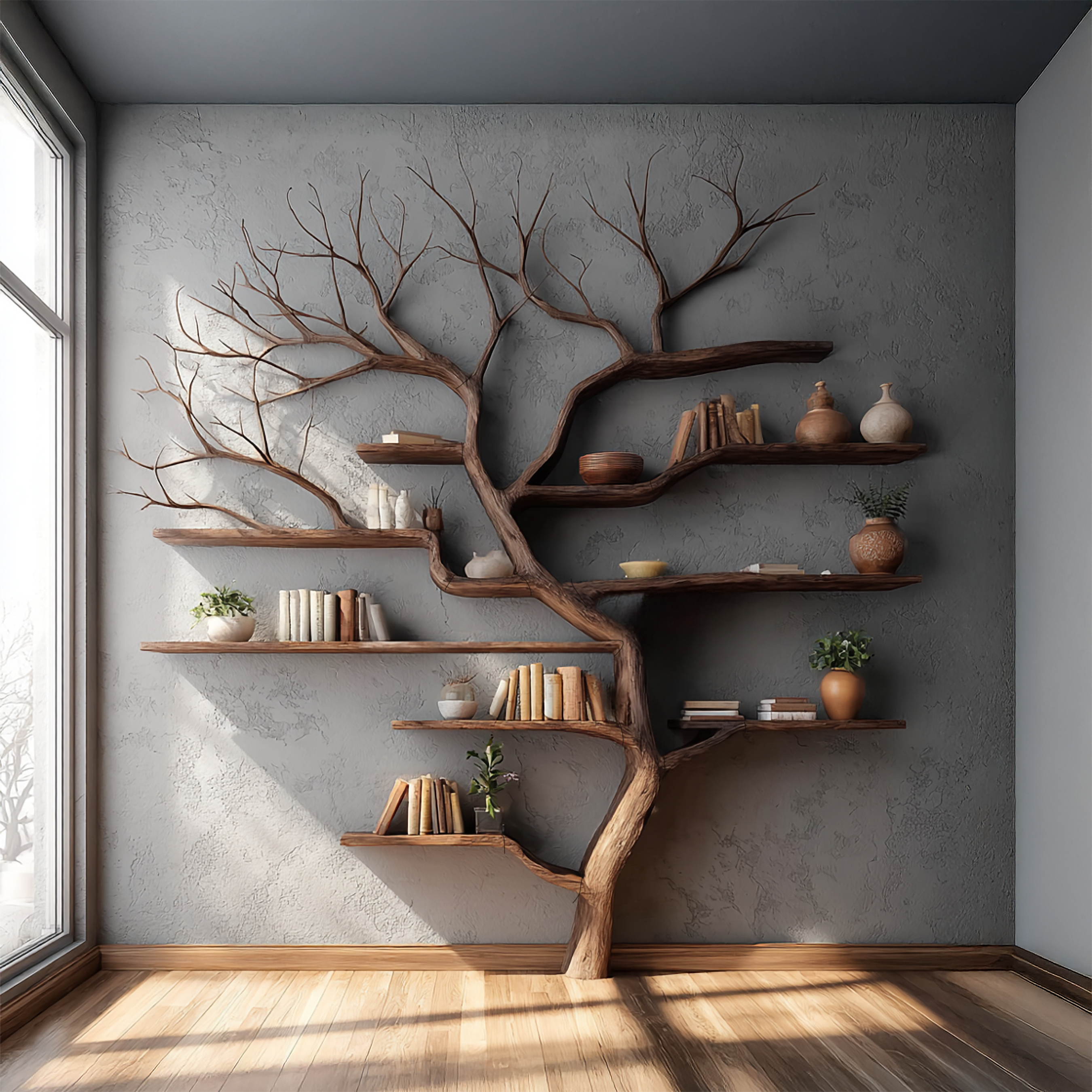 Rustic Tree Branch Bookshelf Living Wall SINLSATB199