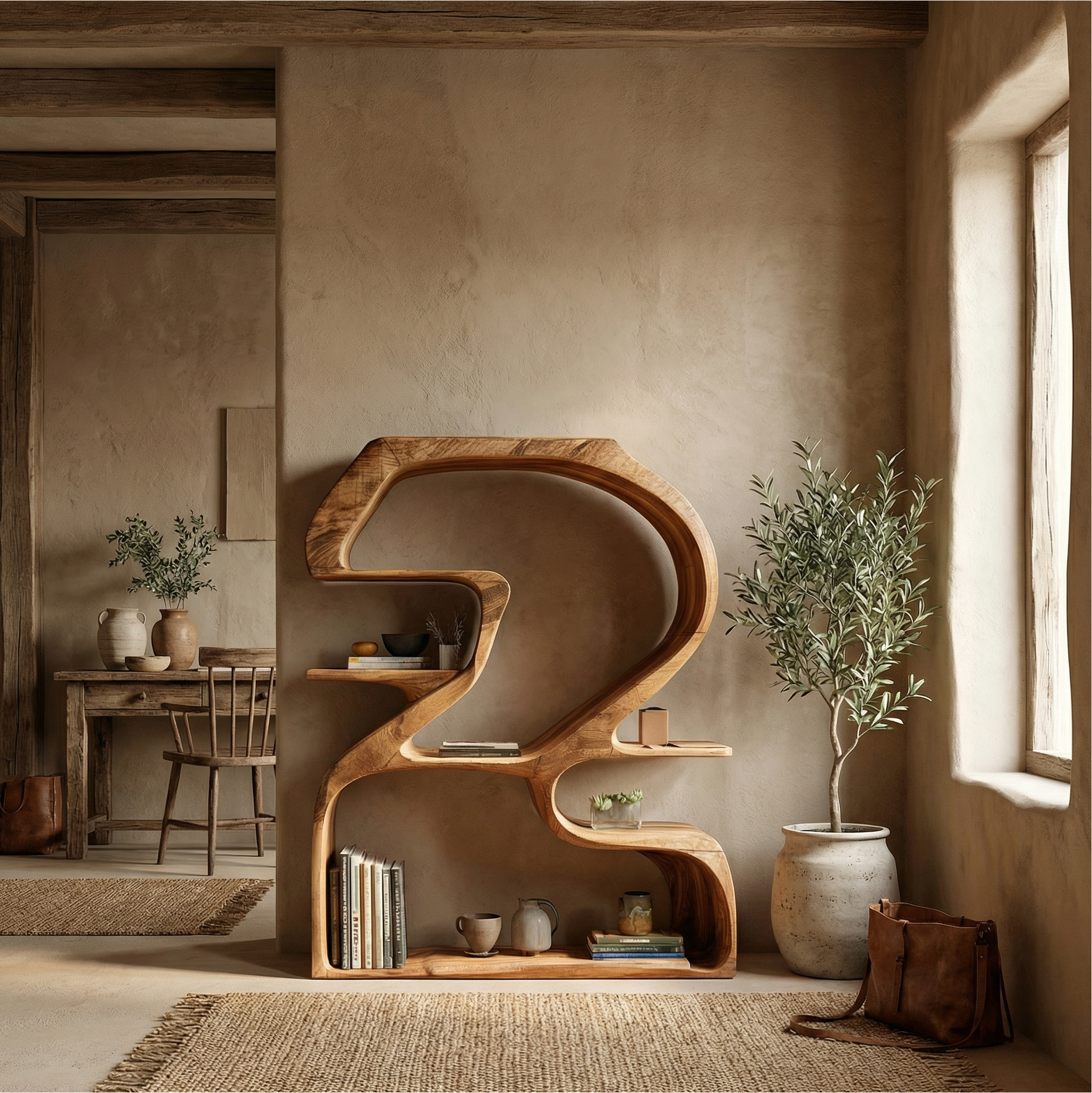 Rustic Sculptural Bookshelf For Living Room And Entryway SINLSASC469