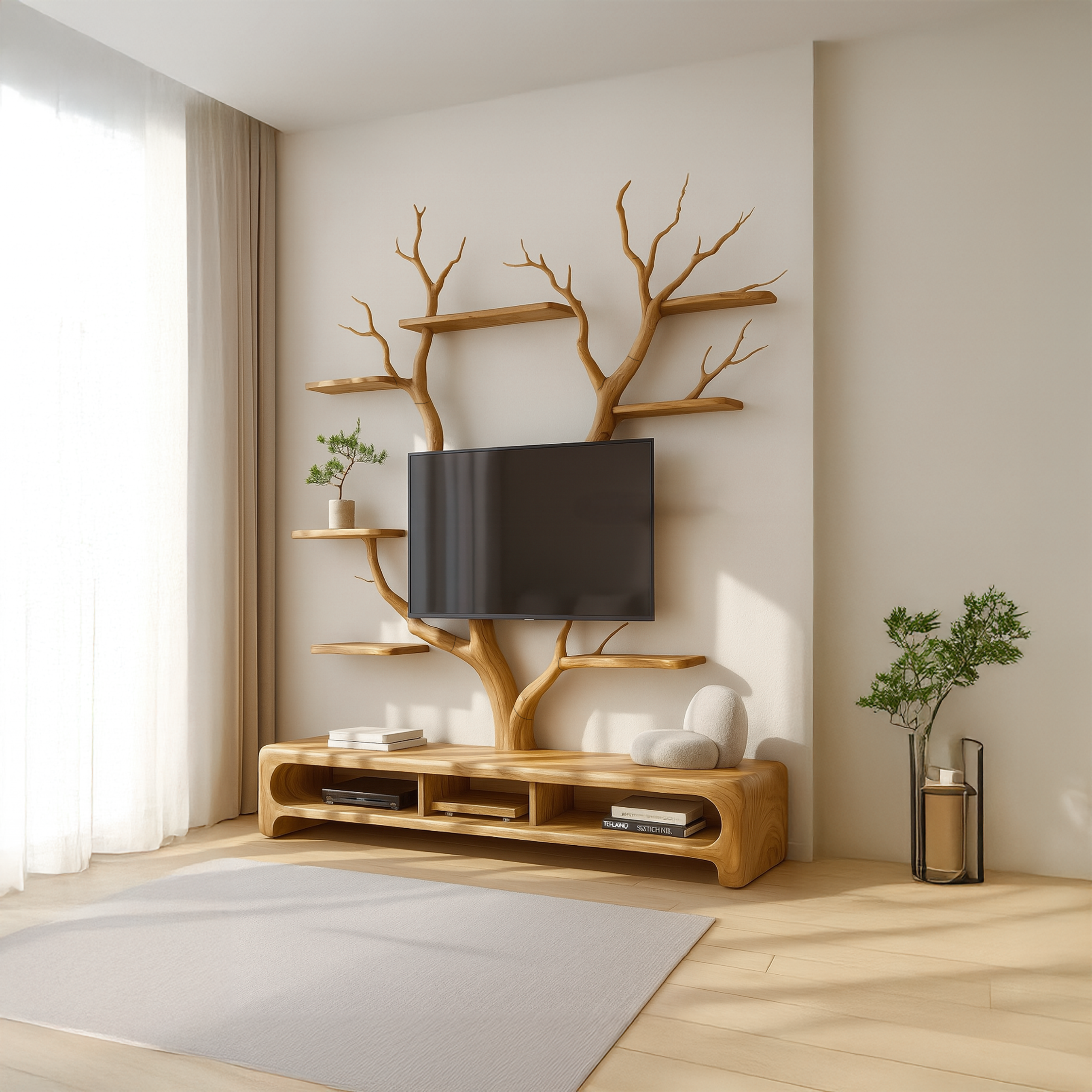 Rustic TV Stand Tree Shelf Living SINLSATB216