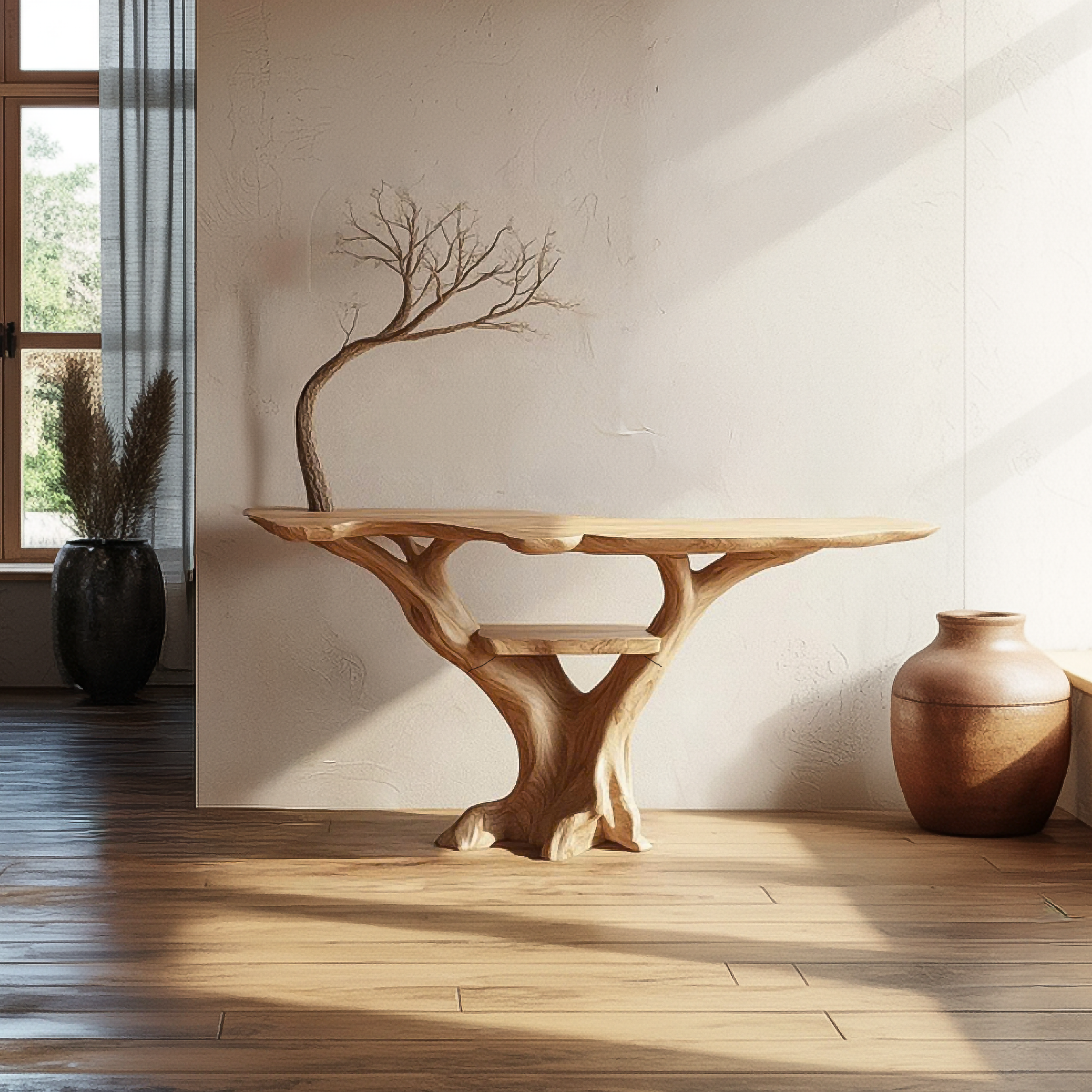 Mid Century Console Table Sculpted Wood Tree Hallway Entrance SINLSACS391