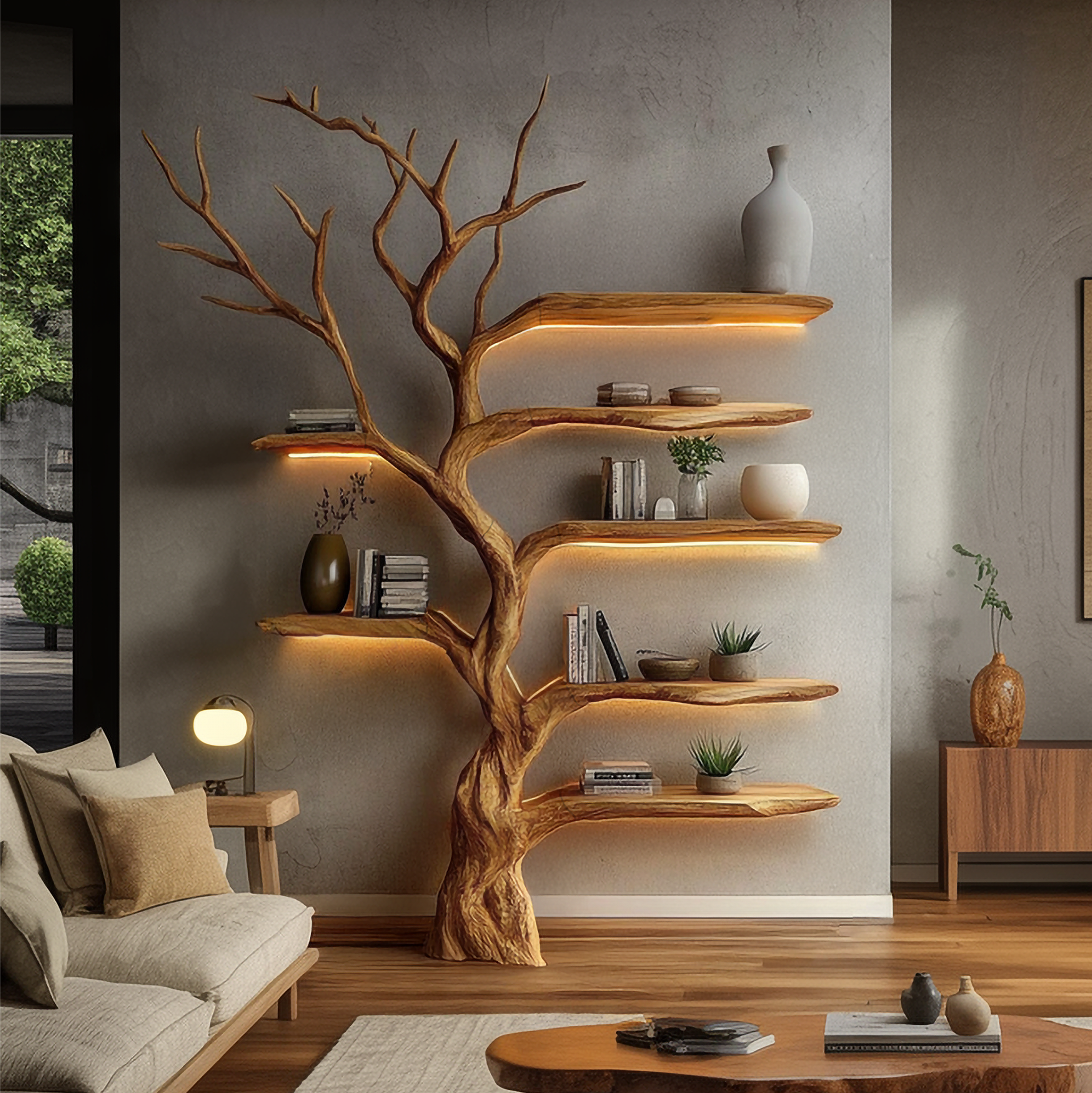 Rustic Organic Tree Bookshelf Living Room Interior Sculptural Wall Display SINLSATB659