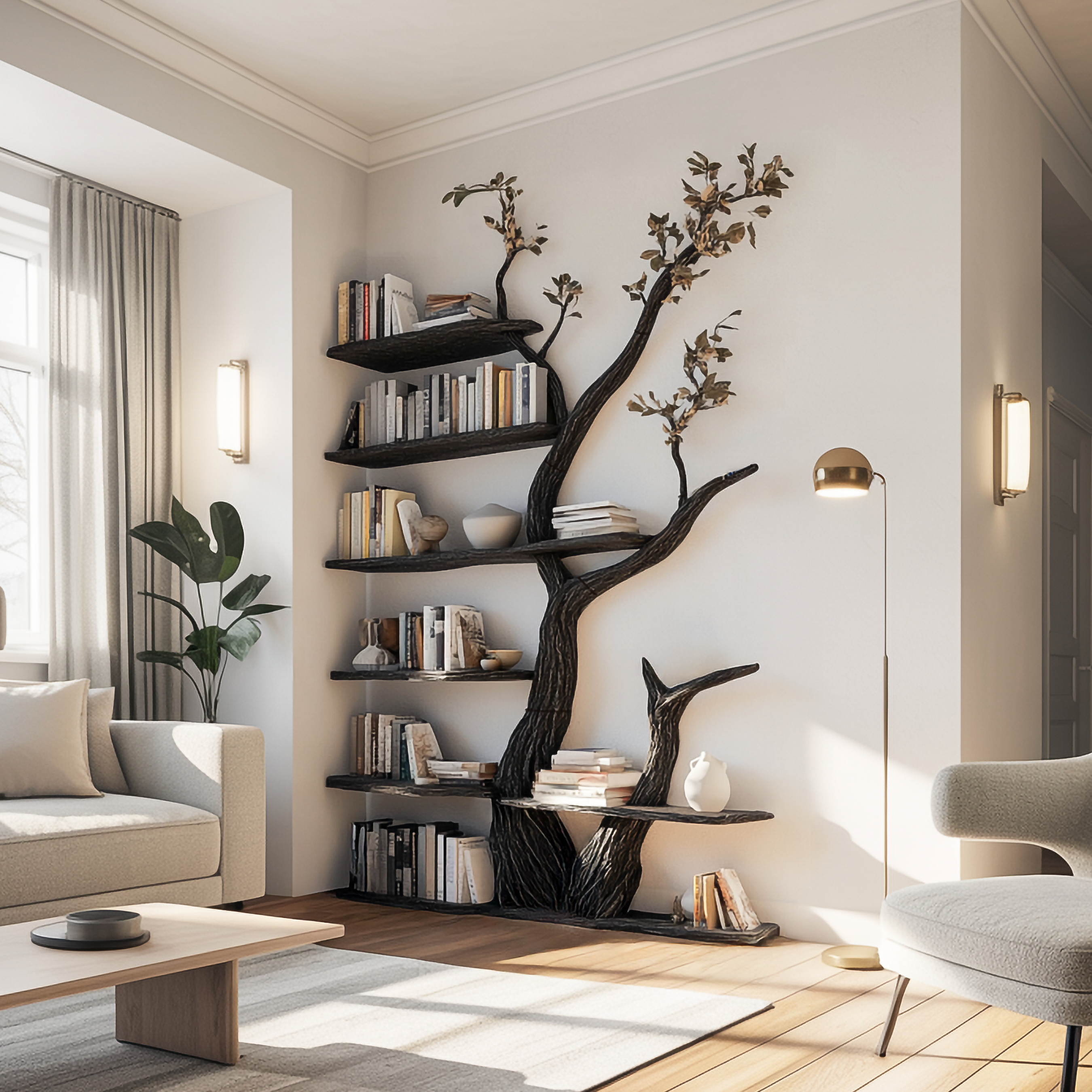 Rustic Modern Tree Bookshelf Living Room Interior Storage Decor SINLSATB605