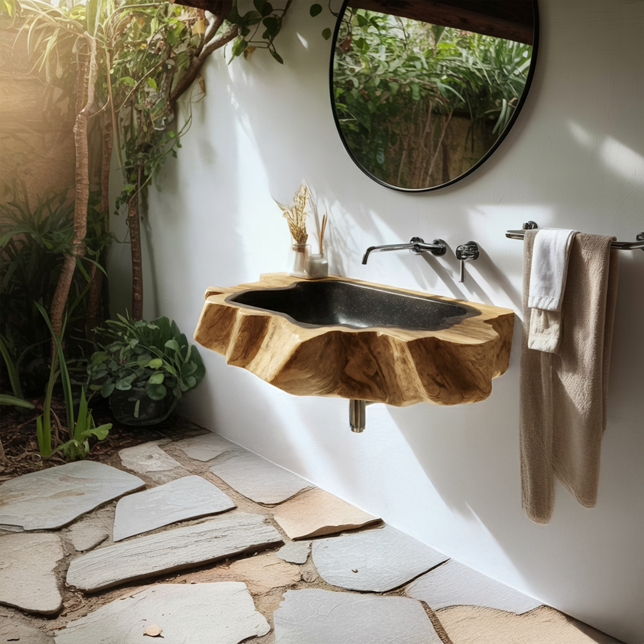 Handcrafted Wooden Wall Mounted Bathroom Sink For Natural Decor SILDTTNVS075
