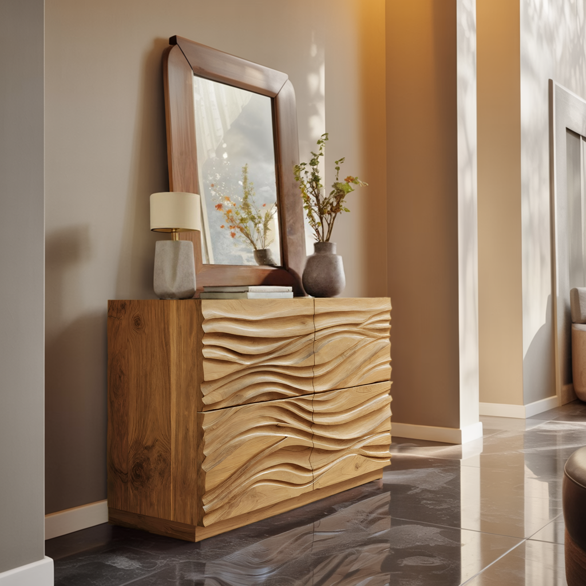 Handcrafted Sideboard Carved Wave Design For Living Decor RTTHHNSD007