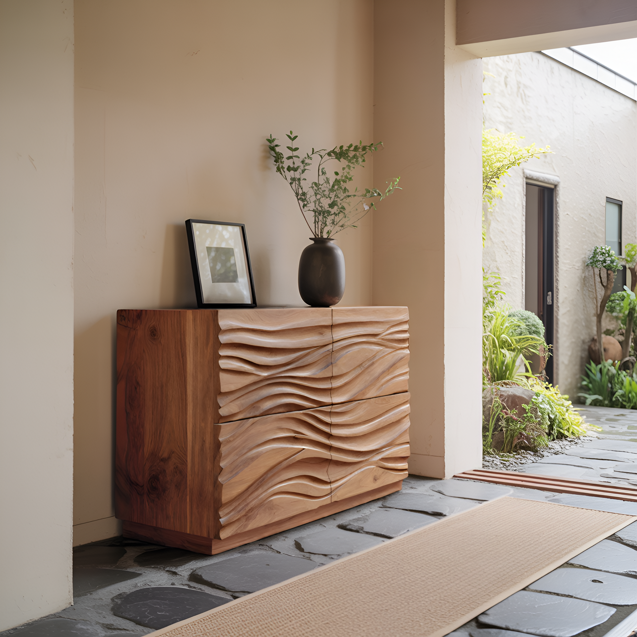 Handcrafted Sideboard Carved Wave Design For Living Decor RTTHHNSD007