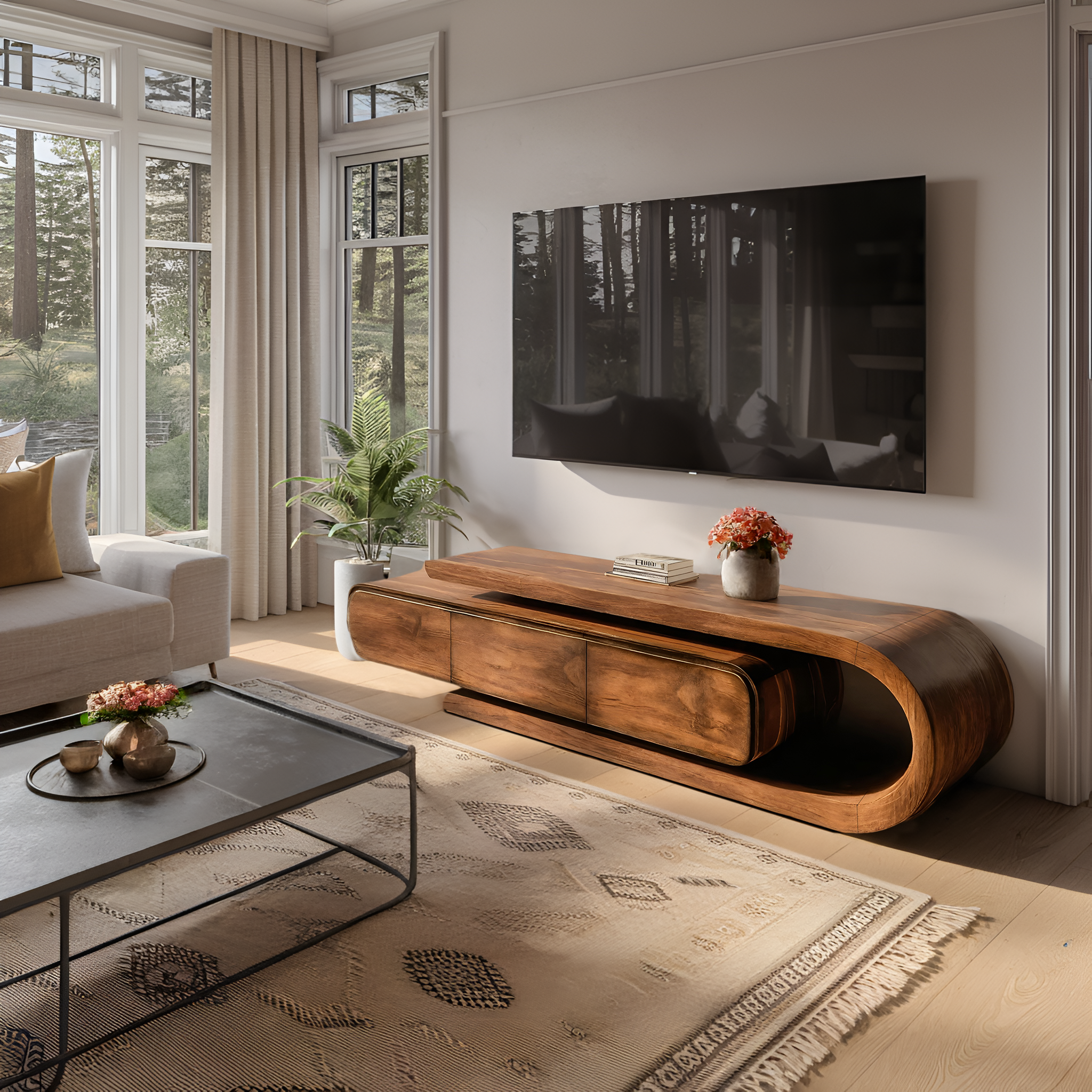 Contemporary Curved Wooden TV Console For Living Room RTTHHNTVC065