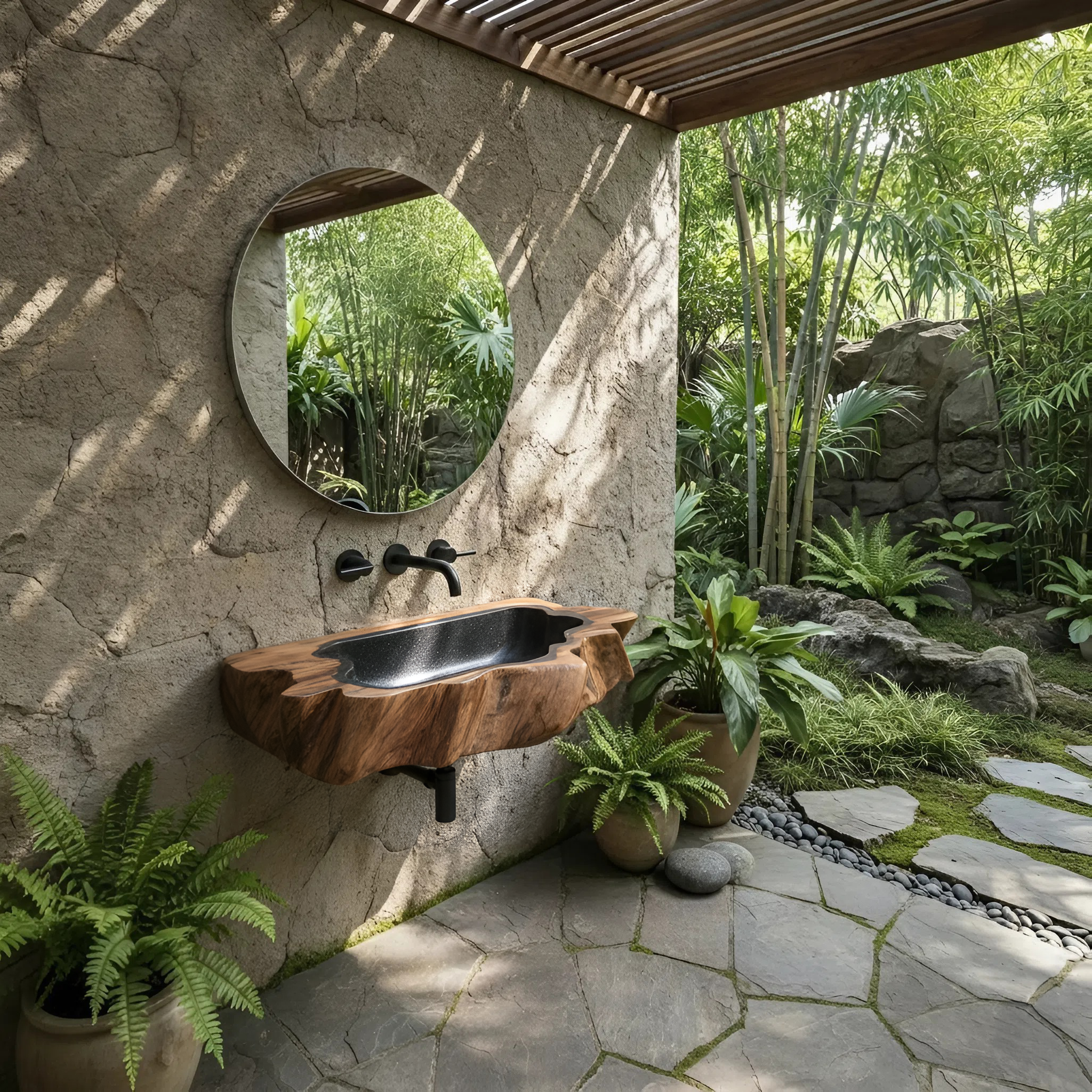 Handcrafted Wooden Wall Mounted Bathroom Sink For Natural Decor SILDTTNVS075