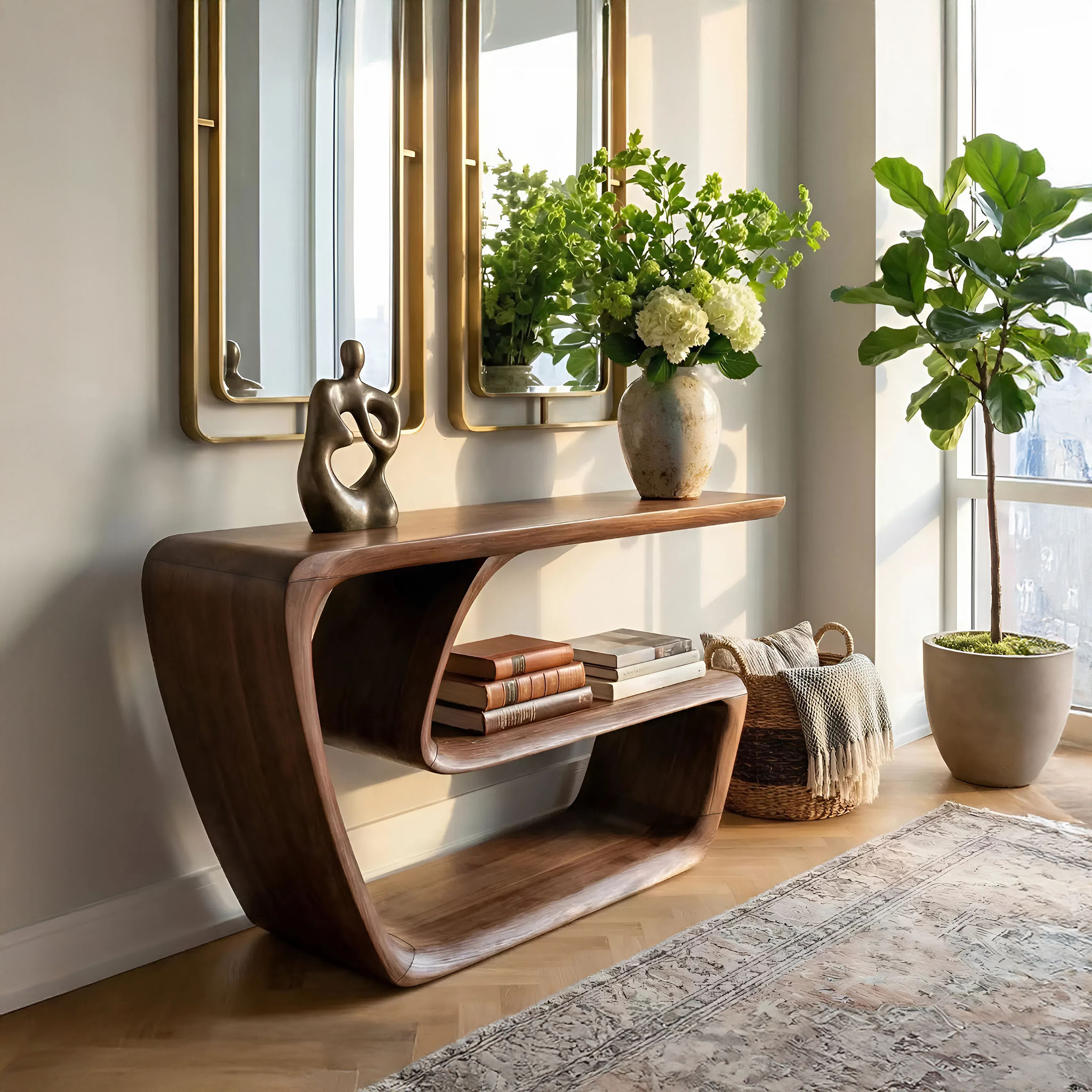 Mid Century Solid Wood Console Table Handmade Sculptural For Living Room SILDTTNCS090