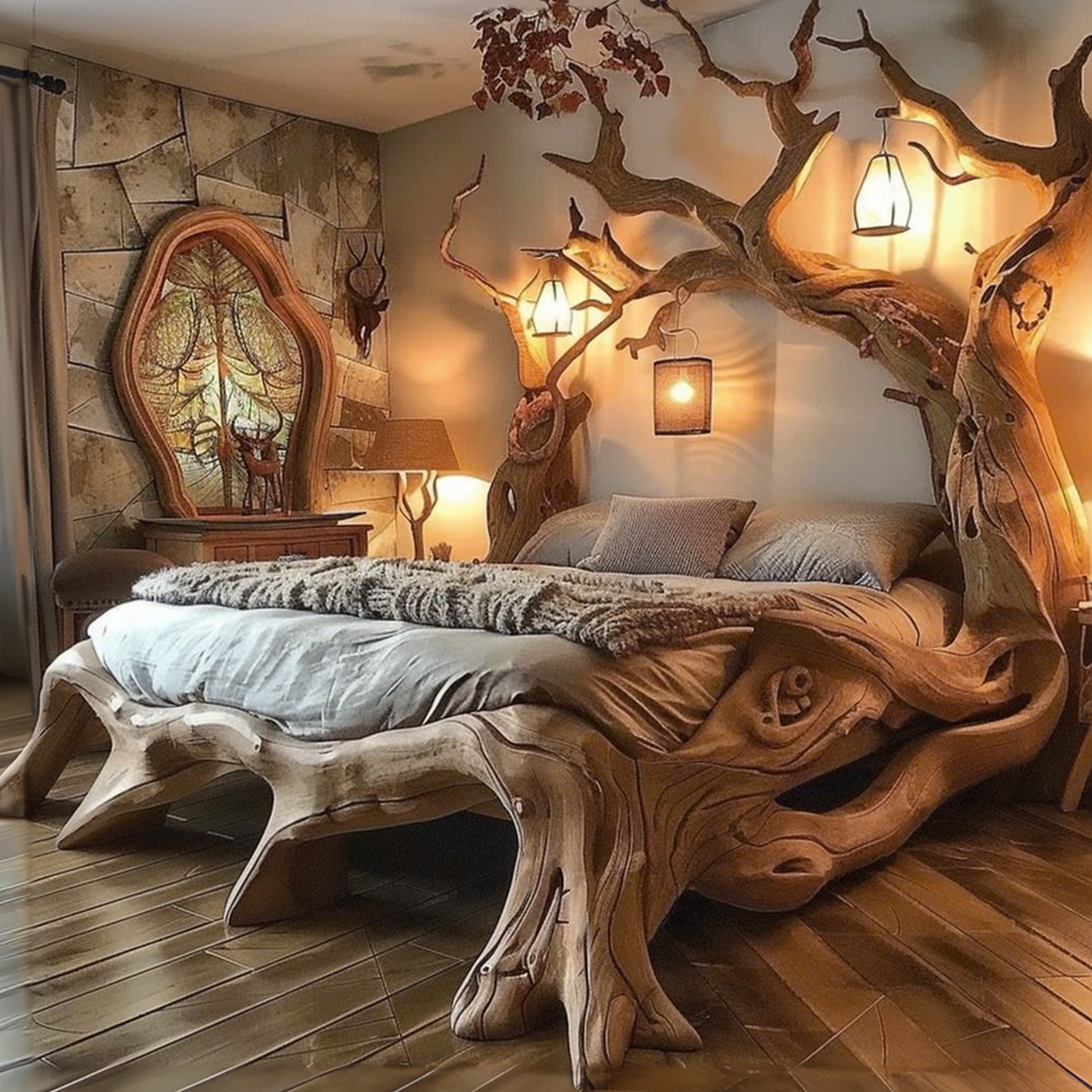 Rustic Solid Wood Bed Frame Queen Bed Vintage Housewarming Gift SINLWB003